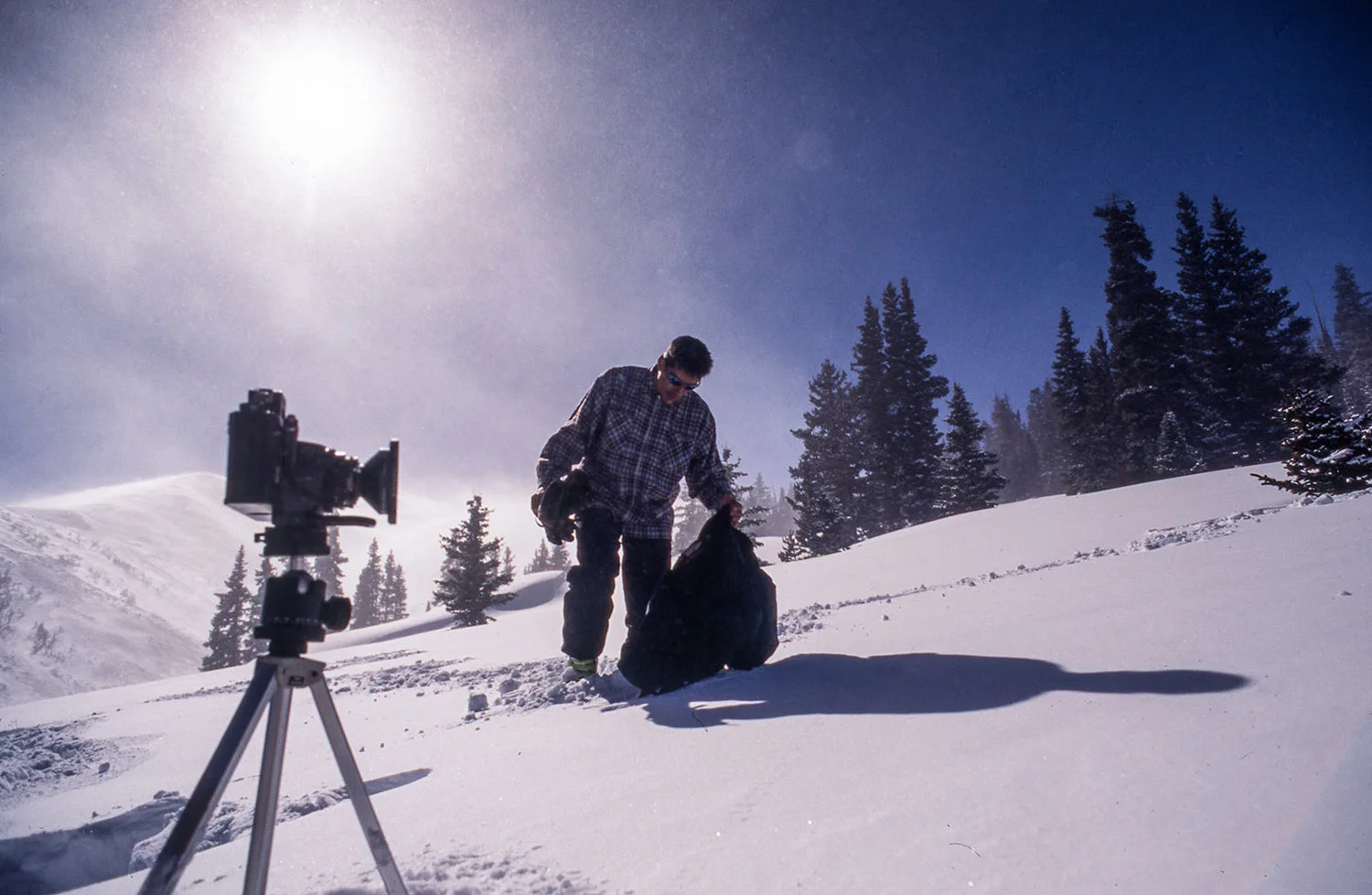 6x17 Linhof Panoramic analog camera getting prepared for a landscape/action shot with insane blue colors and fast clouds in Whistler Mountain / Canada