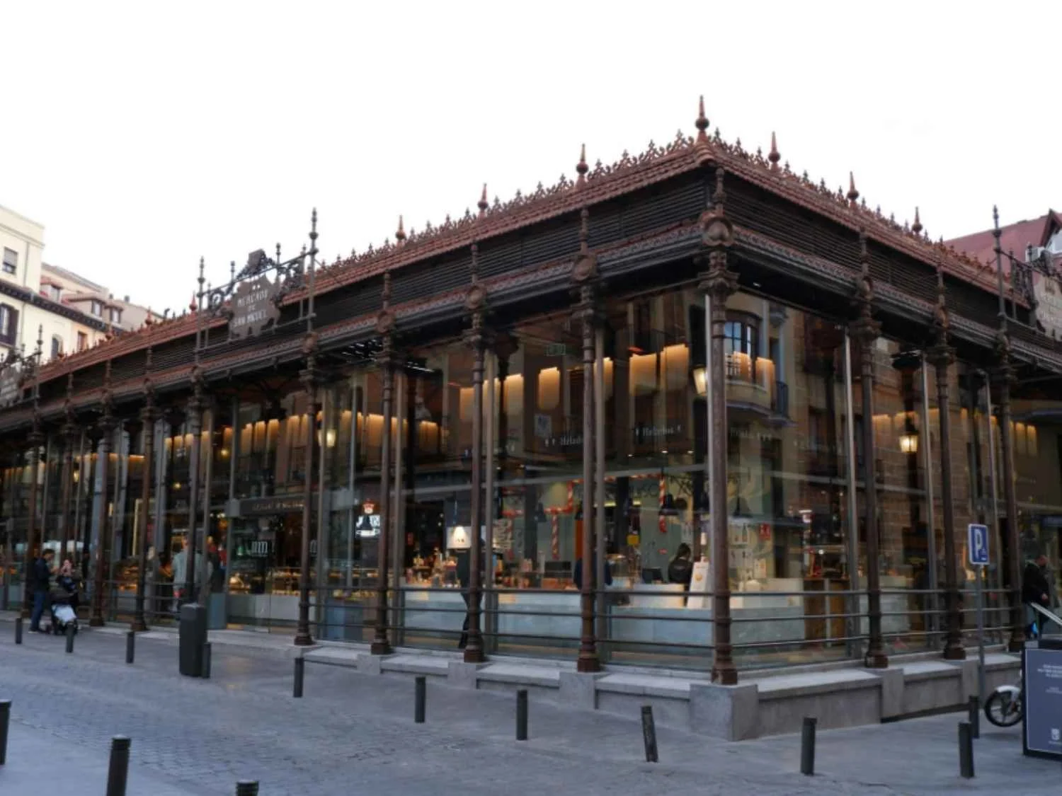 Mercado San Miguel is a historic market in Madrid constructed of wrought iron and glass.