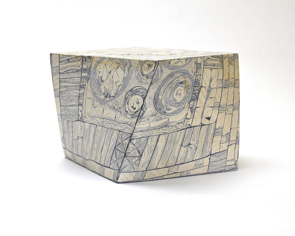 Cube#2, 2017, H.14cmxW.16.5cmxD16.5cm, Smoke-fired Nerikomi porcelain, 1227g, £250.jpeg