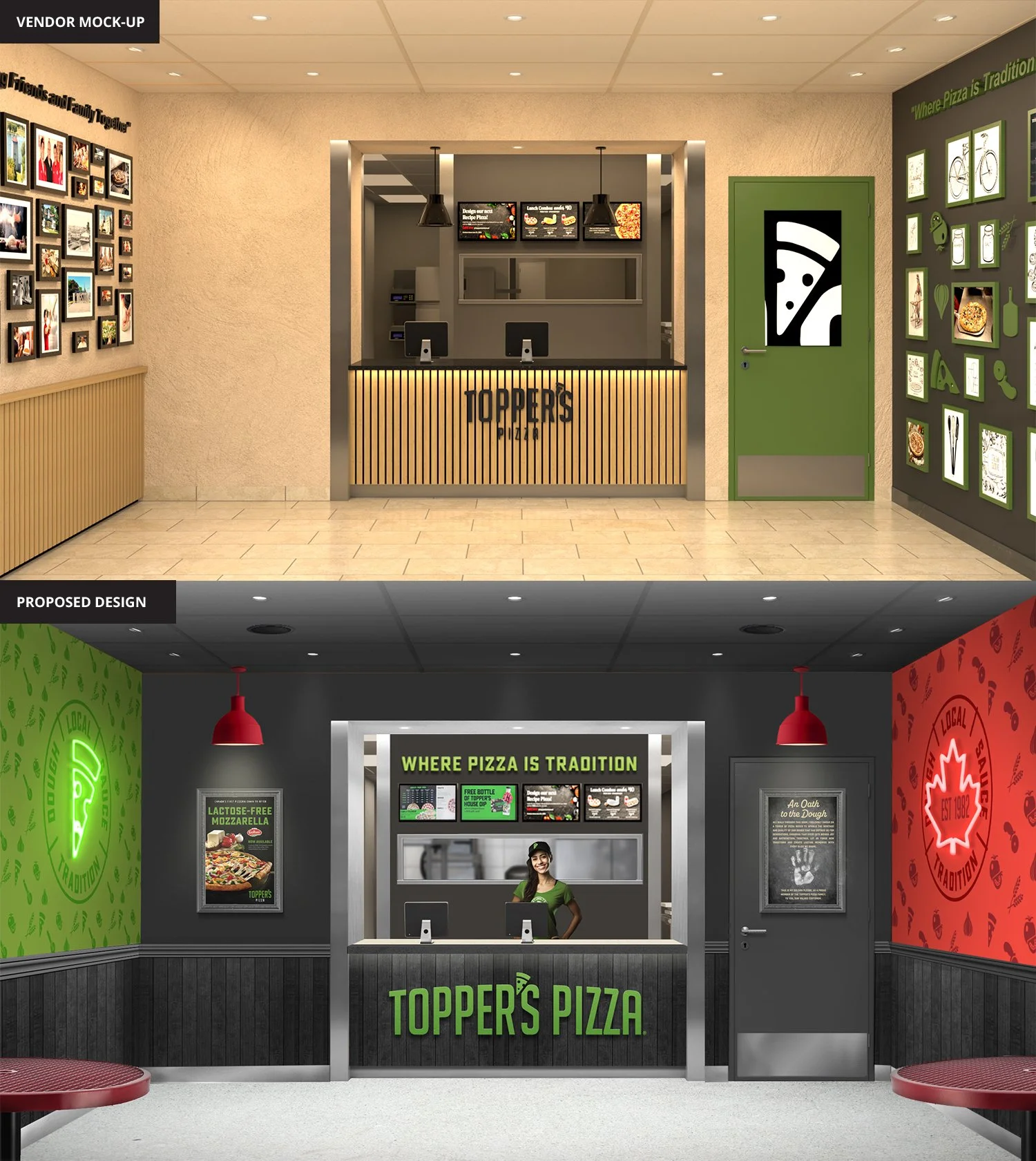  Our proposed design modernizes the restaurant while honouring its 40+ years of tradition. Clean framing, focused lighting, and simplified graphics create a contemporary, urban feel without losing warmth. Heritage elements like brand language, iconog