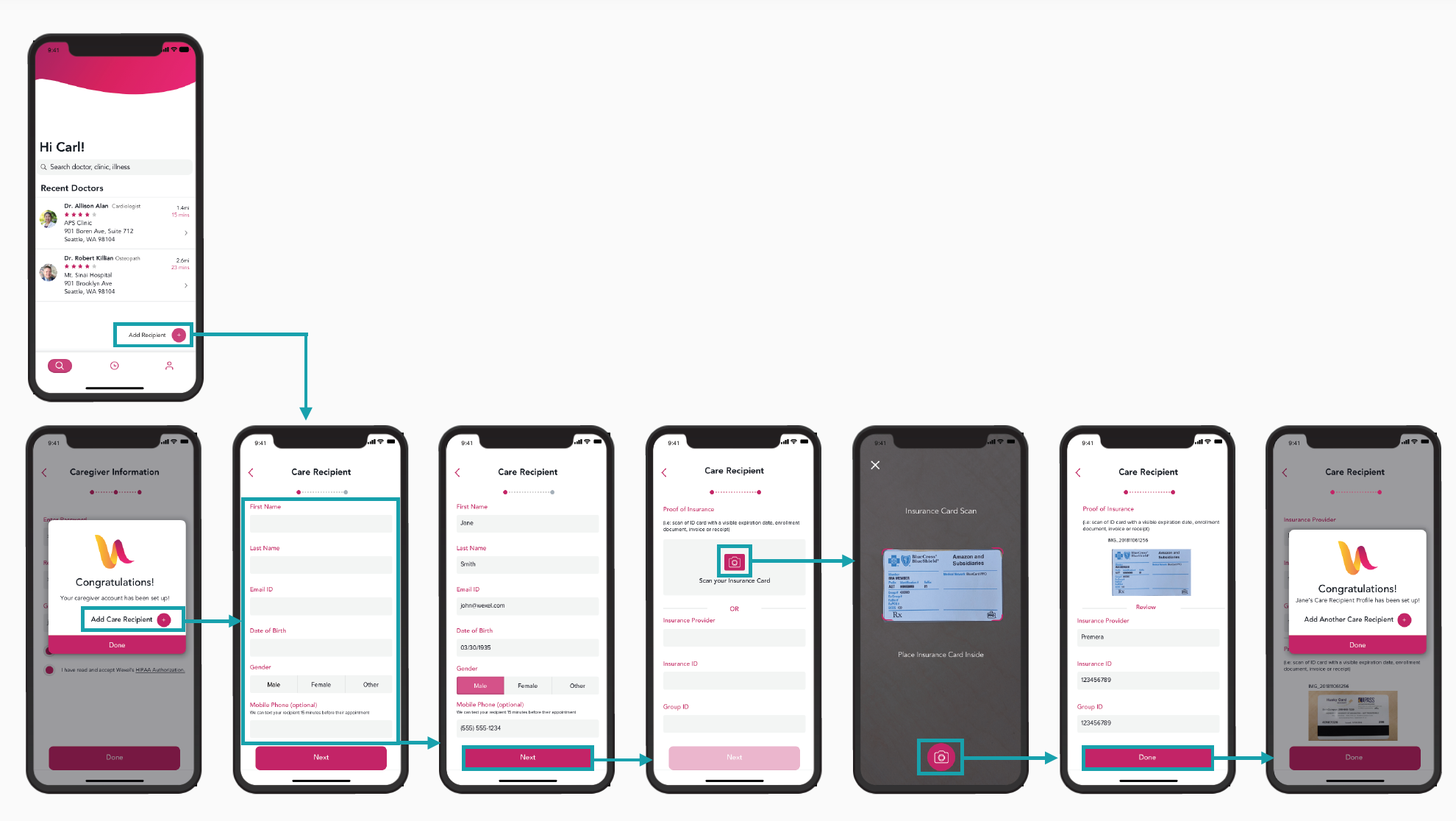 After the initial login, the user is taken through a series of steps to add a Care Recipient so they can start scheduling appointments for the person they are taking care of.
