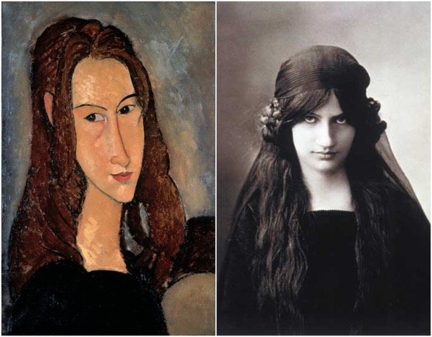  Modigliani portrait of Jeanne Hubuterne and her photo. 