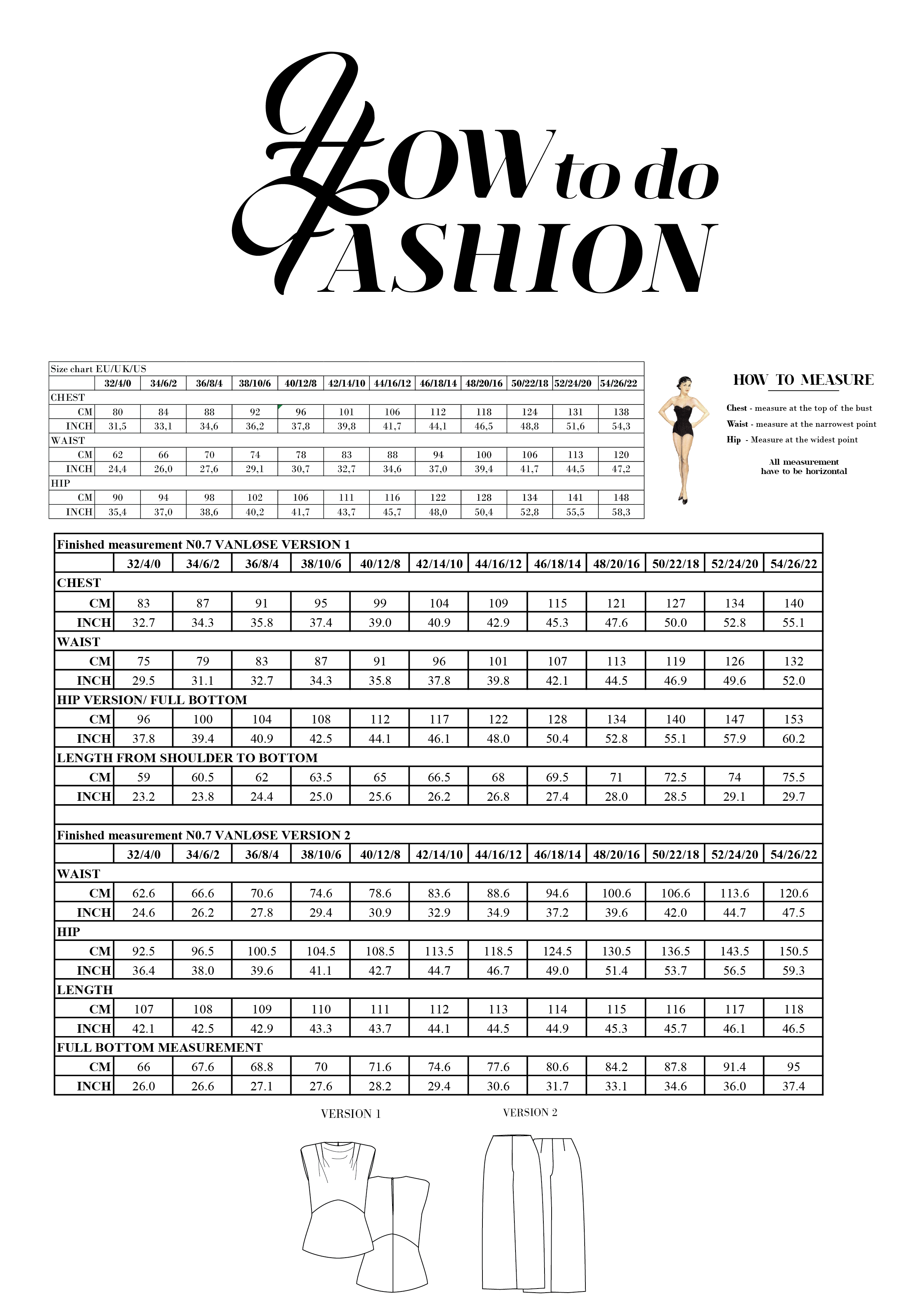 no 7 Vanlose size chart for sewing pattern