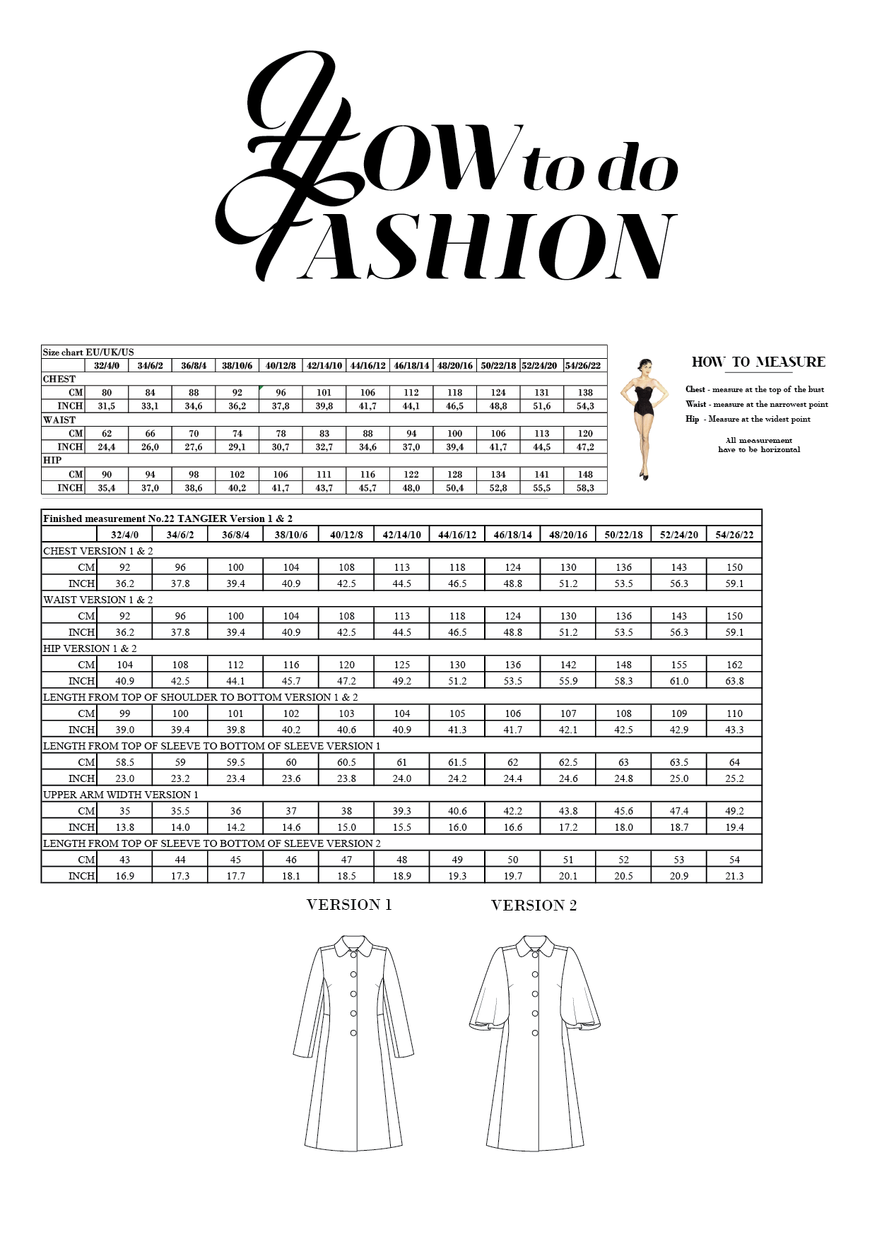 Size chart fro No 22 Tangier sewing pattern