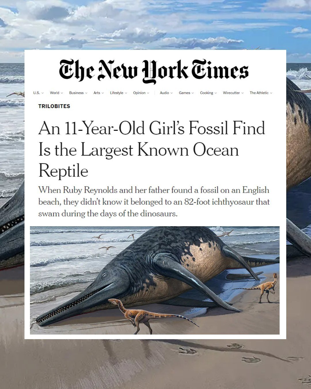 An incredible find of an incredible species.⁠
⁠
From the @newyorktimes: &ldquo;In 1811, a 12-year-old girl named Mary Anning discovered a fossil on the beach near her home in southwestern England &mdash; the first scientifically identified specimen o