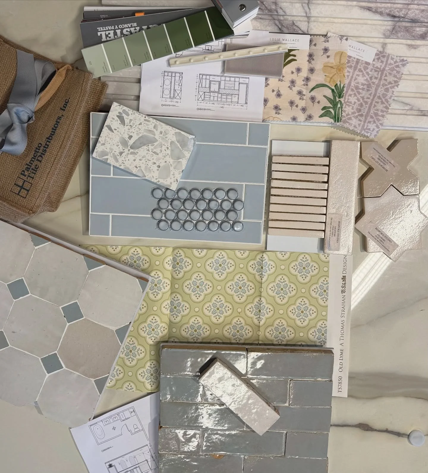 Tile Selection Day! ✨ Sneak peek at the gorgeous tiles chosen for a new client’s renovation of their vacation home on Kiawah Island Island. Glam up for the Primary bathroom, all guest bathrooms and laundry room renovation. From subtle textures