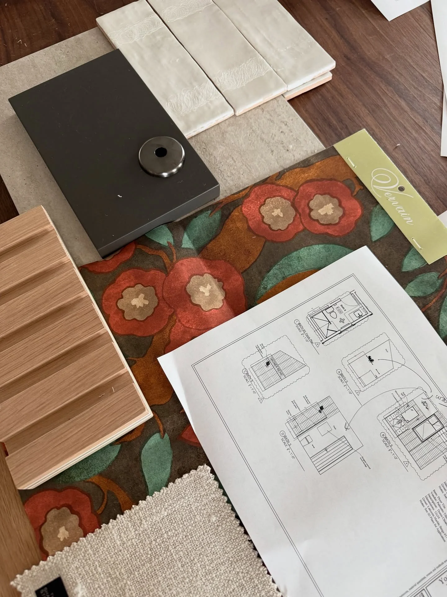 ✨ Saturday scheming ✨ Pulling together fabrics, wallpapers, and tile selections for a beautiful bathroom in the works. Loving how the textures, colors, and finishes are coming together&mdash;timeless, fresh, and full of character. Stay tuned, this on