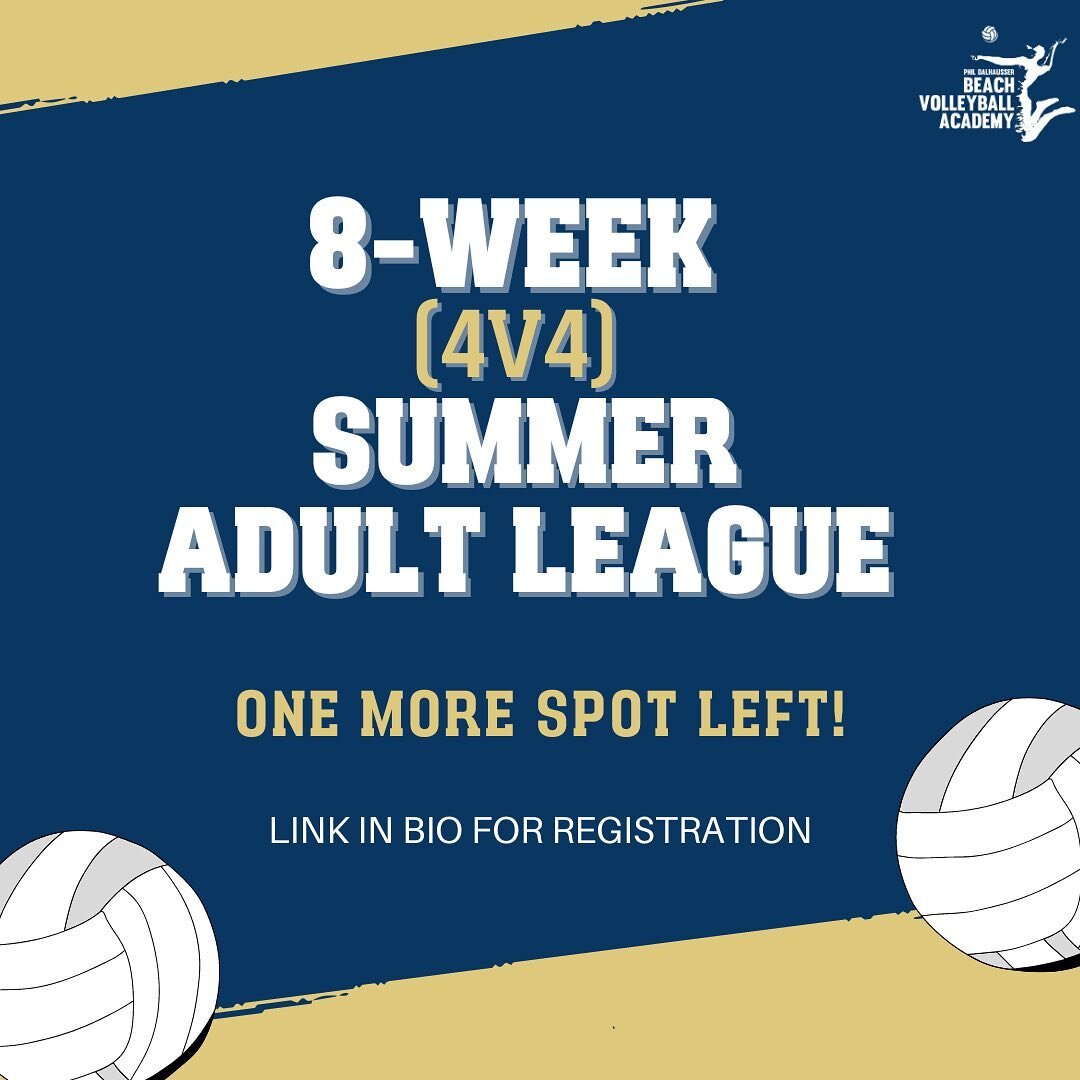 Gather your team and register now for our 8-week 4v4 Adult League! Only one spot left, so don't wait to secure your spot using the link in our bio. Join us for a summer of fun and competitive beach volleyball☀️🏐
.
.
.
.
.
.
.
 #PhilDalhausserBVA #PD