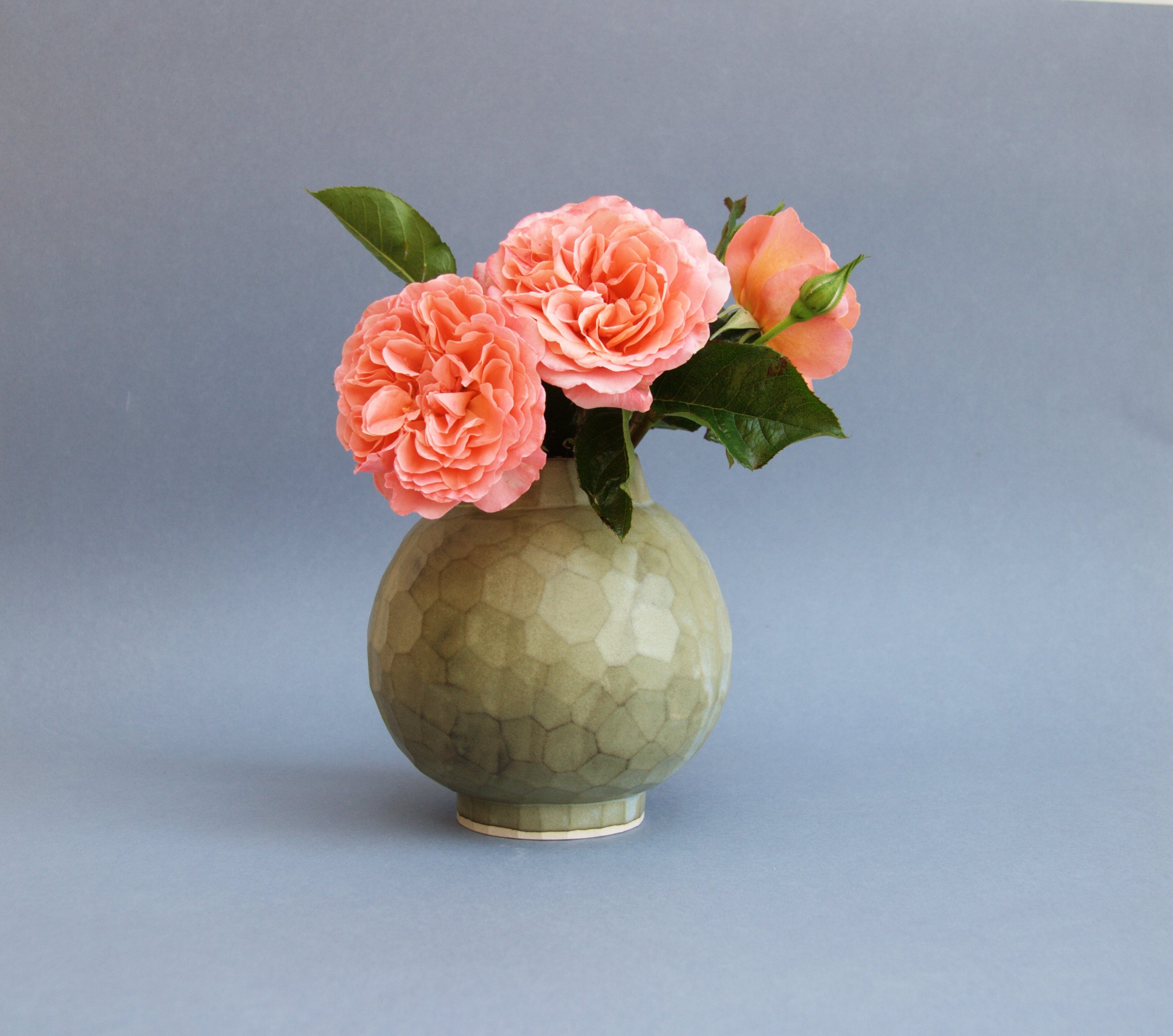 Green Brown Facetted Moon Jar with rose.jpg