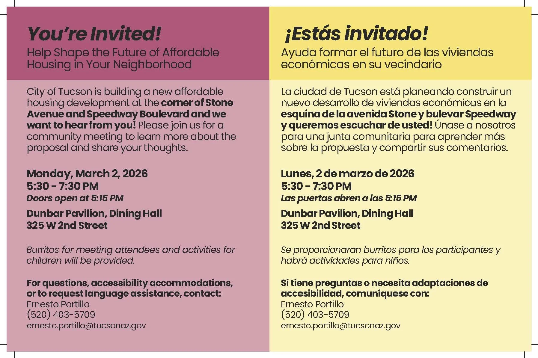 Invitation to next Stone and Speedway Community Meeting on Monday March 2, 2026 from 5:30pm - 7:30pm at Dunbar Pavilion, Dining Hall 325 W 2nd Street