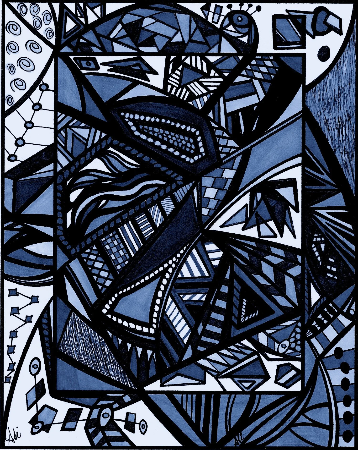 This is the original Art by Ali Abstract scanned in navy blue. The design used for Wrist Wallet fabric is reduced in size and placed in a mirror repeat to create a kaleidoscope effect.