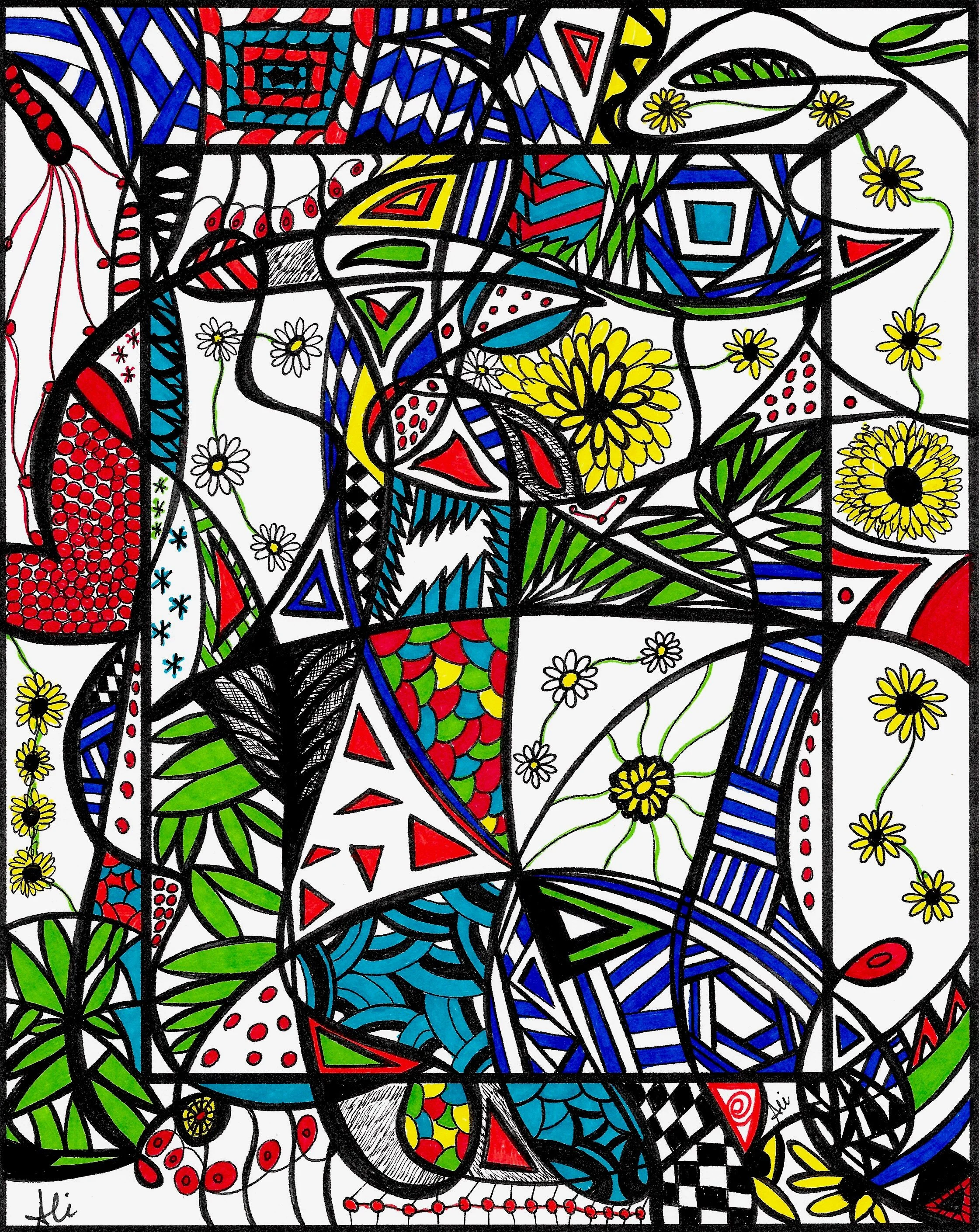 This is the original Art by Ali Abstract. The design used for Wrist Wallet fabric is reduced in size and placed in a mirror repeat to create a kaleidoscope effect.