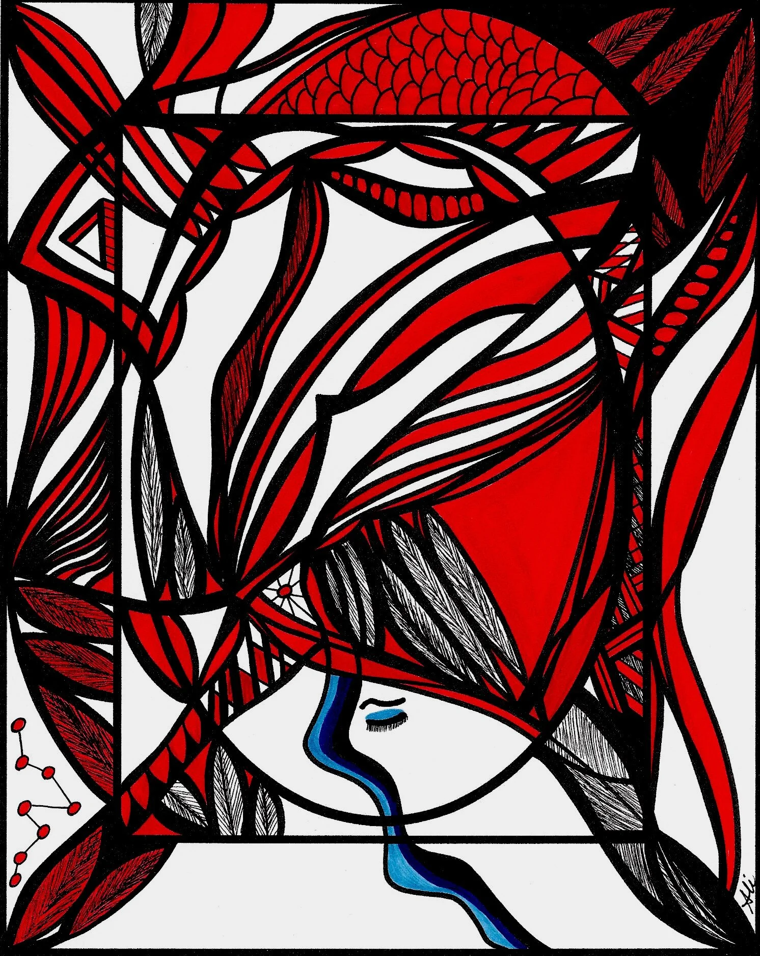 This is the original Art by Ali Abstract. The design used for Wrist Wallet fabric is reduced in size and placed in a mirror repeat to create a kaleidoscope effect.