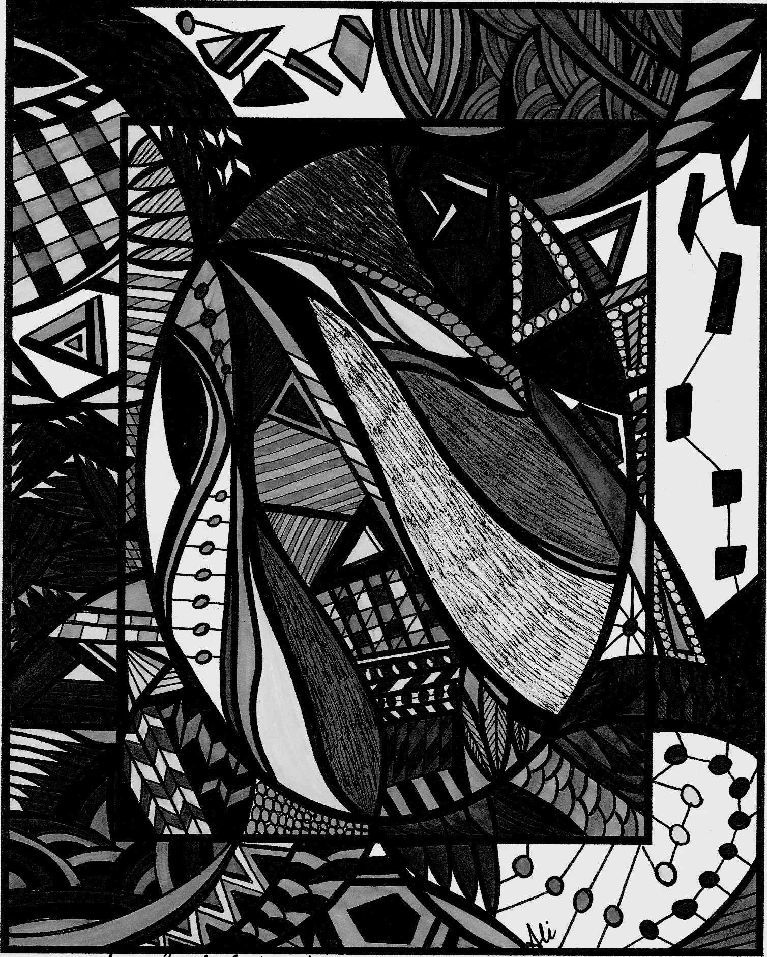 This is the original Art by Ali Abstract scanned in black and white. The design used for Wrist Wallet fabric is reduced in size and placed in a mirror repeat to create a kaleidoscope effect.