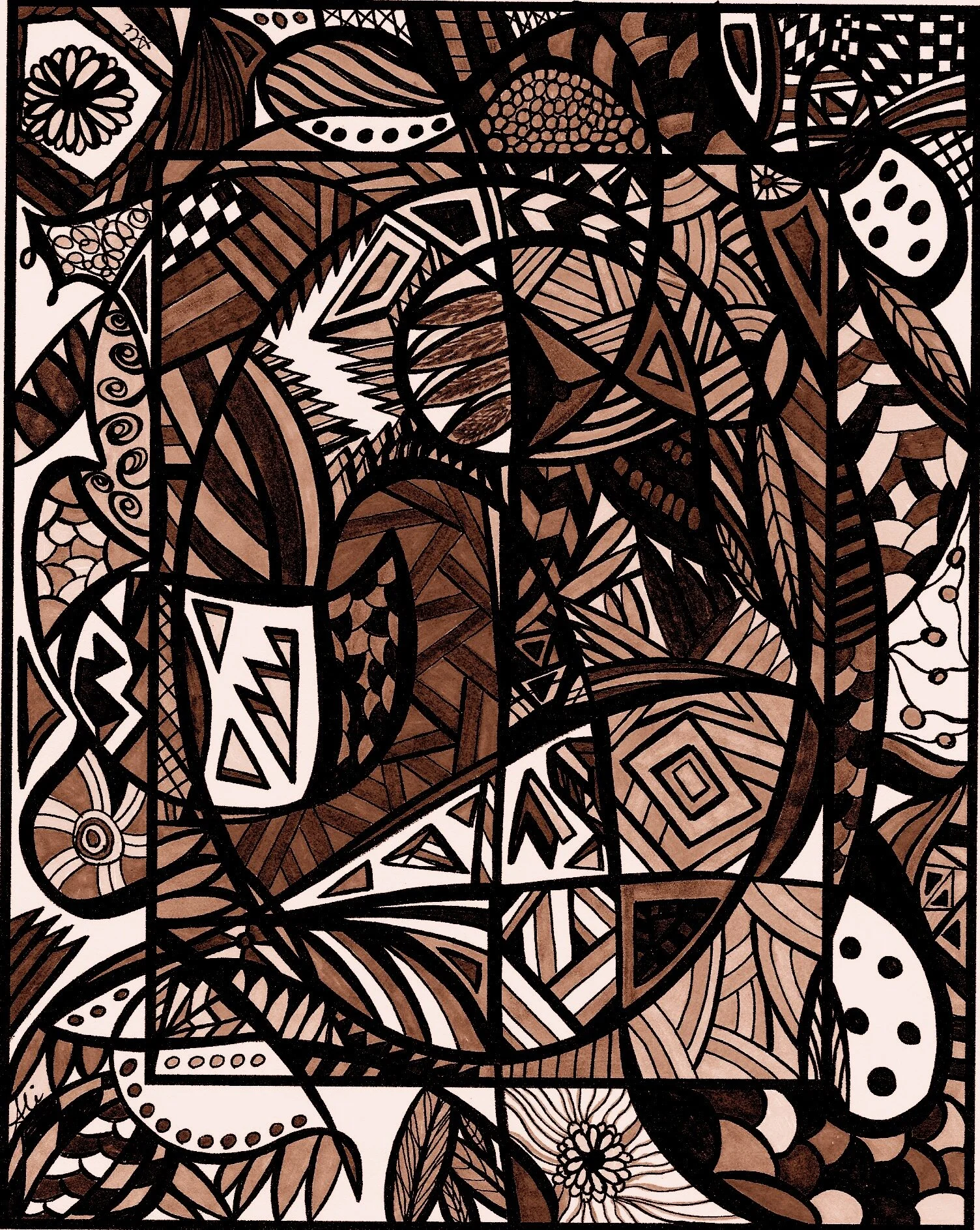 This is the original Art by Ali Abstract scanned in brown. The design used for Wrist Wallet fabric is reduced in size and placed in a mirror repeat to create a kaleidoscope effect.