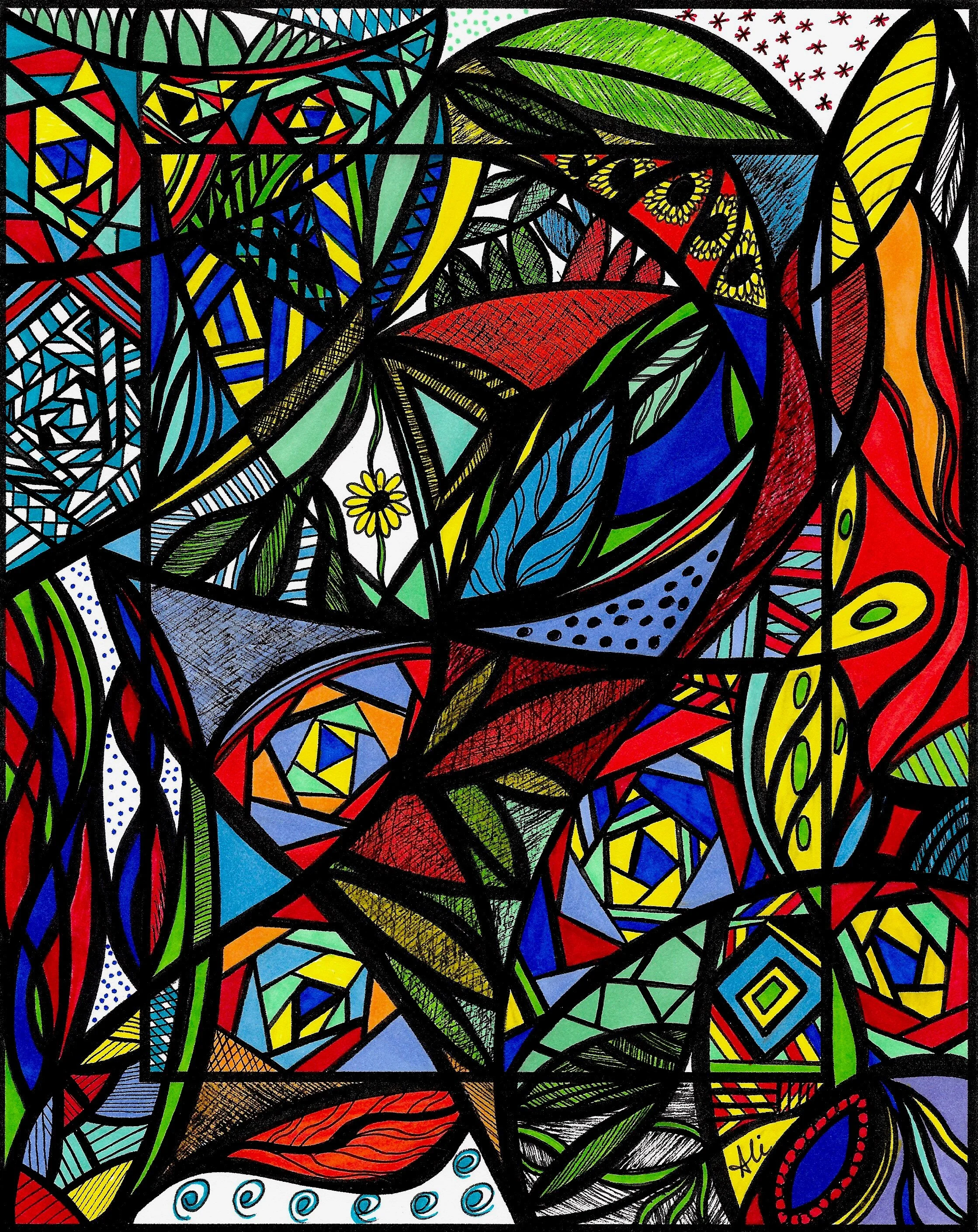 The Art by Ali Abstracts design used for fabric is reduced in size and placed in a mirror repeat to create a kaleidoscope effect. This is the original art drawn in bright primary colors.