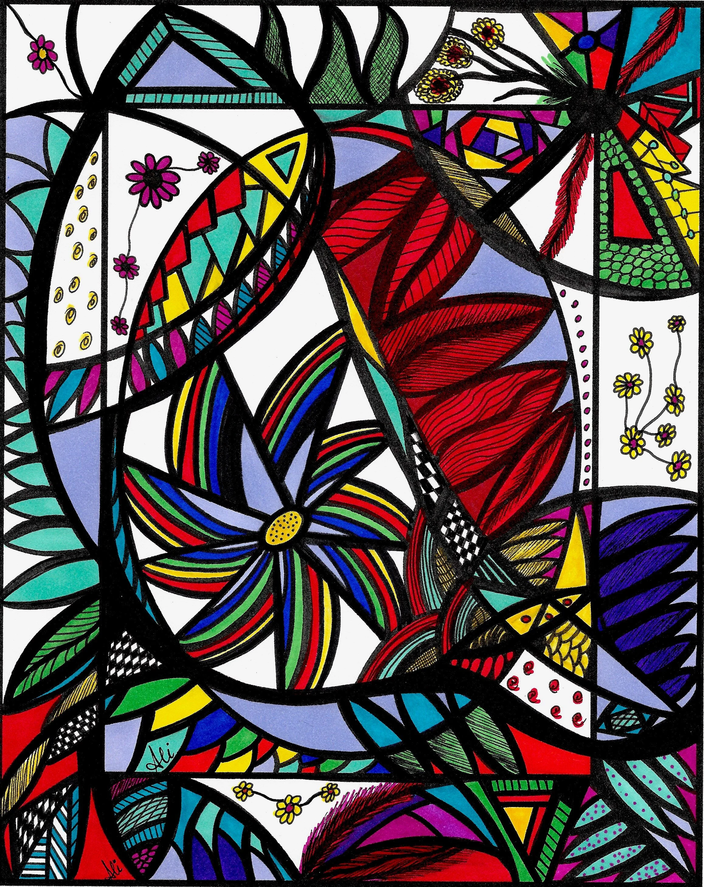 The Art by Ali Abstracts design used for fabric is reduced in size and placed in a mirror repeat to create a kaleidoscope effect. This is the original art drawn in bright primary colors.