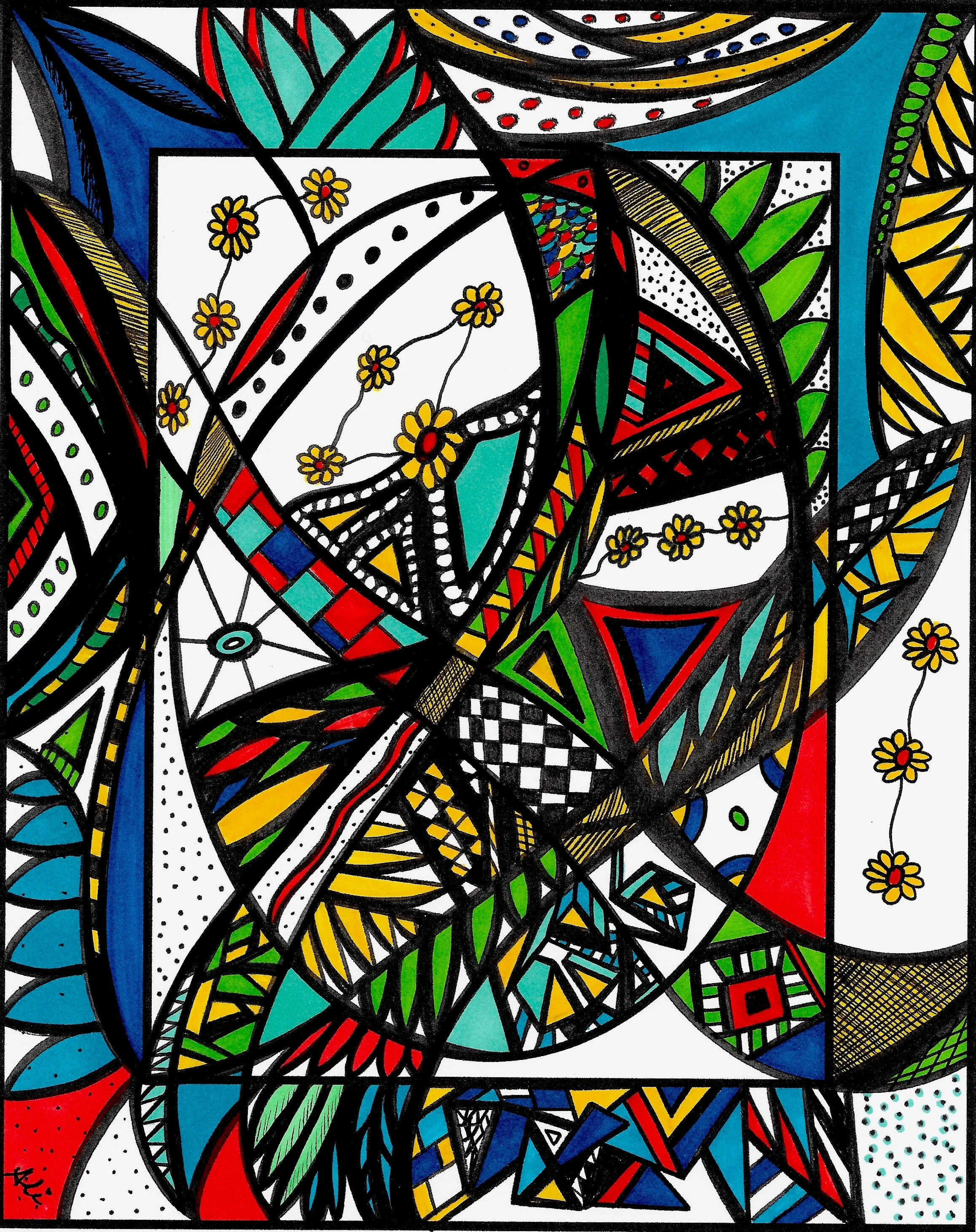 The Art by Ali Abstracts design used for fabric is reduced in size and placed in a mirror repeat to create a kaleidoscope effect. This is the original art drawn in bright primary colors.