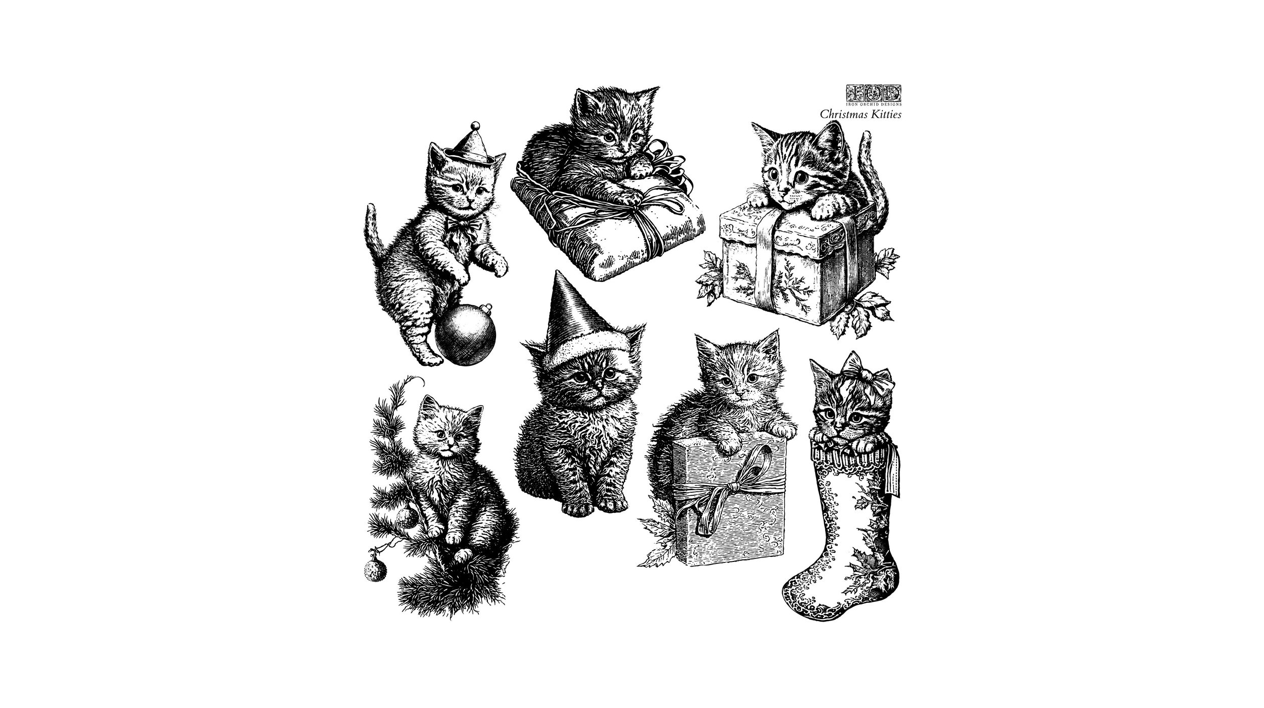 Texas In-Laws IOD Decor Stamp Christmas Kitties 12"x12" by Iron Orchid Designs