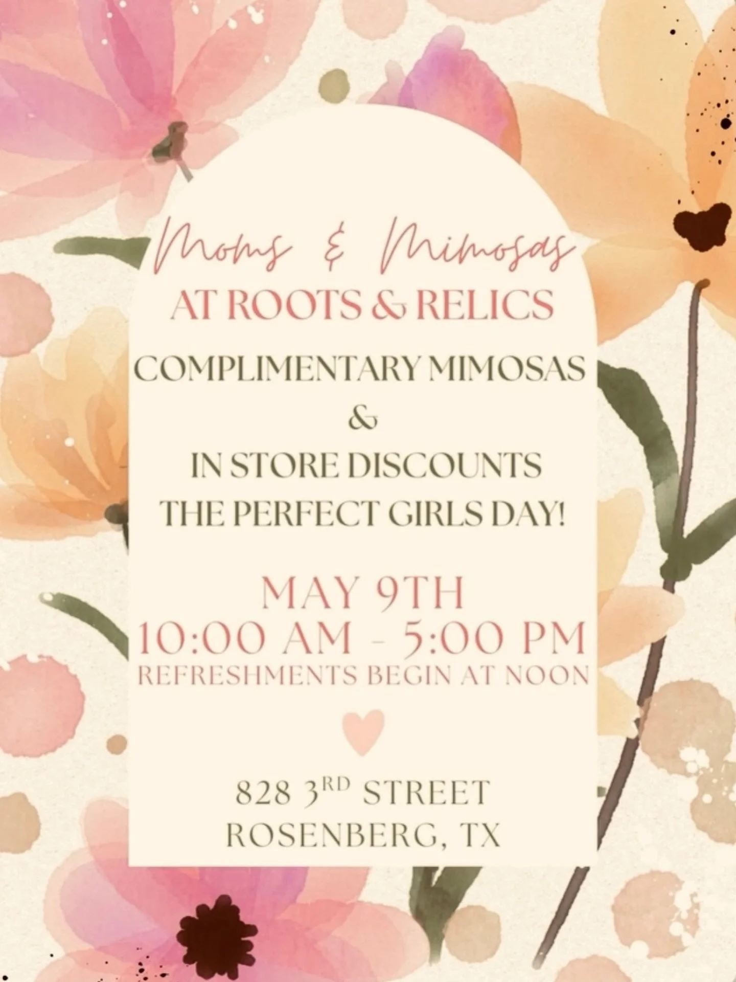 Come drink a mimosa and shop for the moms and women in your life! Let&rsquo;s celebrate their love! #mothersday #vintagestyle #vintage #rosenbergtx #downtownrosenbergtx