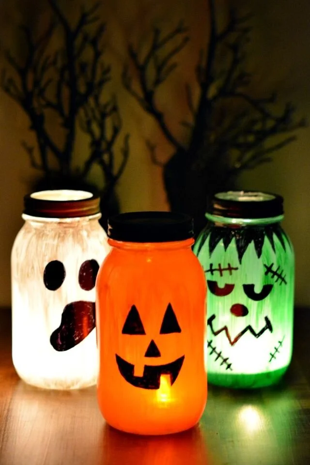 Scary face lanterns made from jars from Joelenes Crafting
