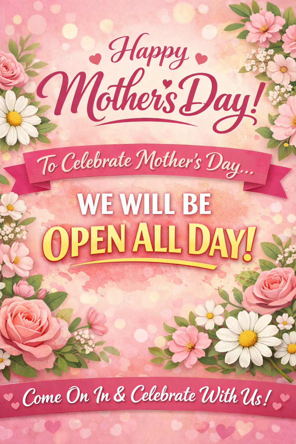 Mother’s Day celebration poster with flowers announcing Bacchus restaurant open all day for Mother’s Day with à la carte and Sunday roast menu.