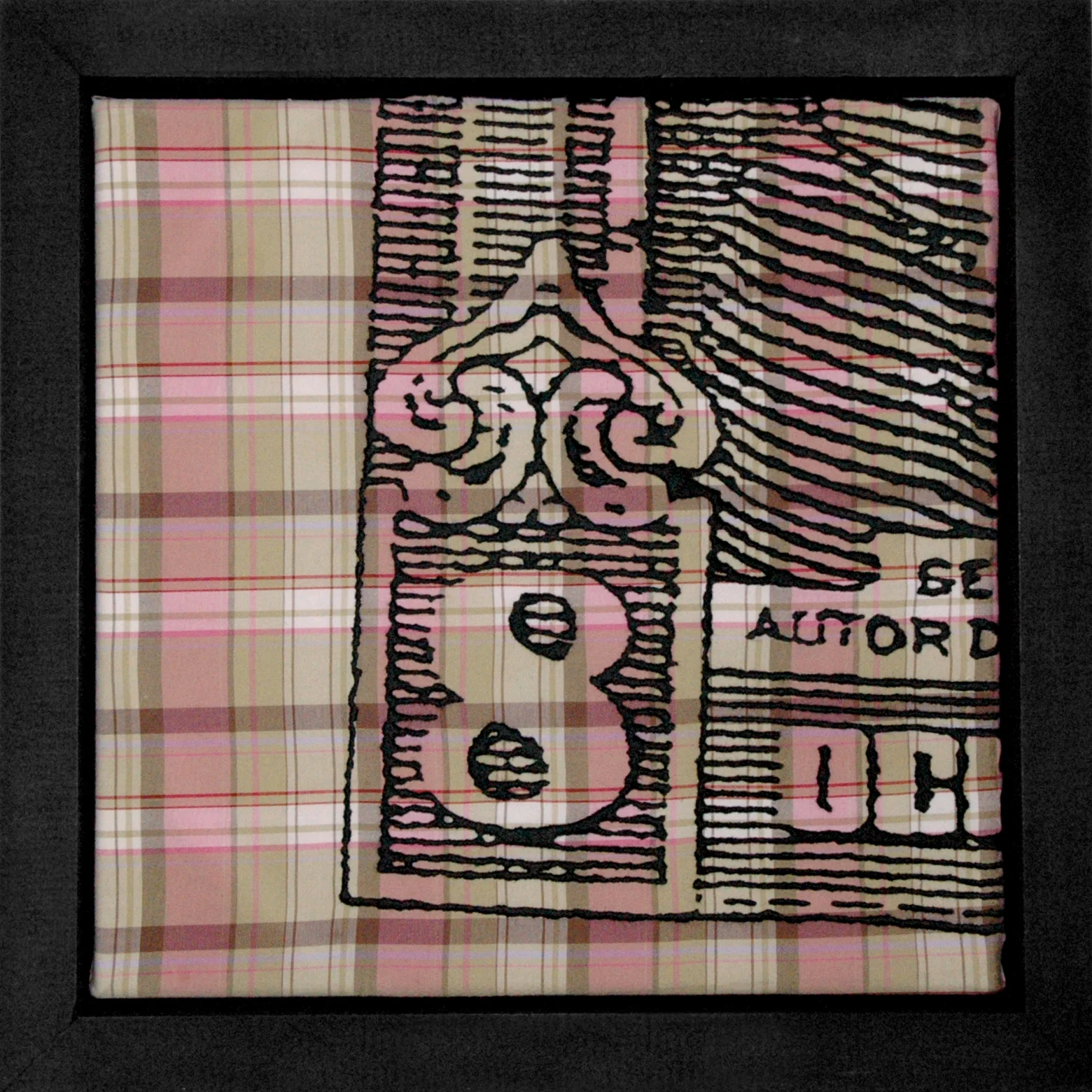 Selective Memory no. 1: 8 Centavos + Thread on fabric + 10" x 10" + 2006 In this work I enlarge forlorn details taken from the collective consciousness – such things found in old books, antique engravings, postage stamps, etc – isolating them from their original context and intricately embroidering them into a newer surface, mostly fabrics found either in my closet, my friend's closet, or at my local thrift store. I like mixing the old with the older with the intention of creating a whole new visual experience.
