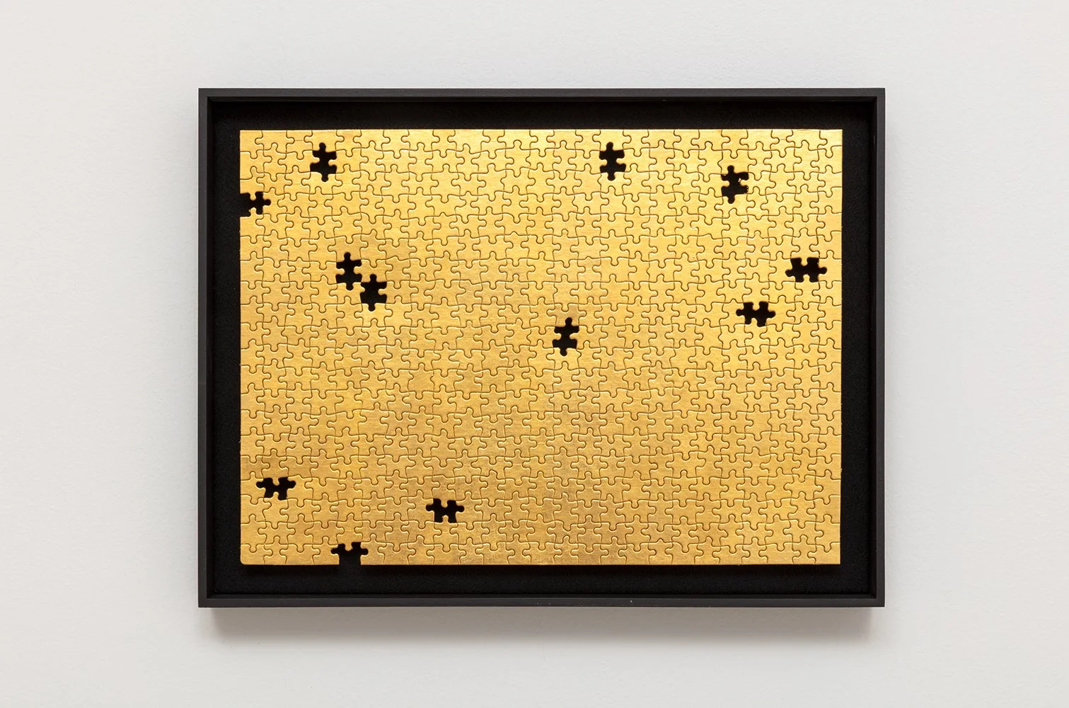  Missing no. 3 + gold leaf on found jigsaw puzzle in artist frame + 15.5 × 20.5” + 2019 