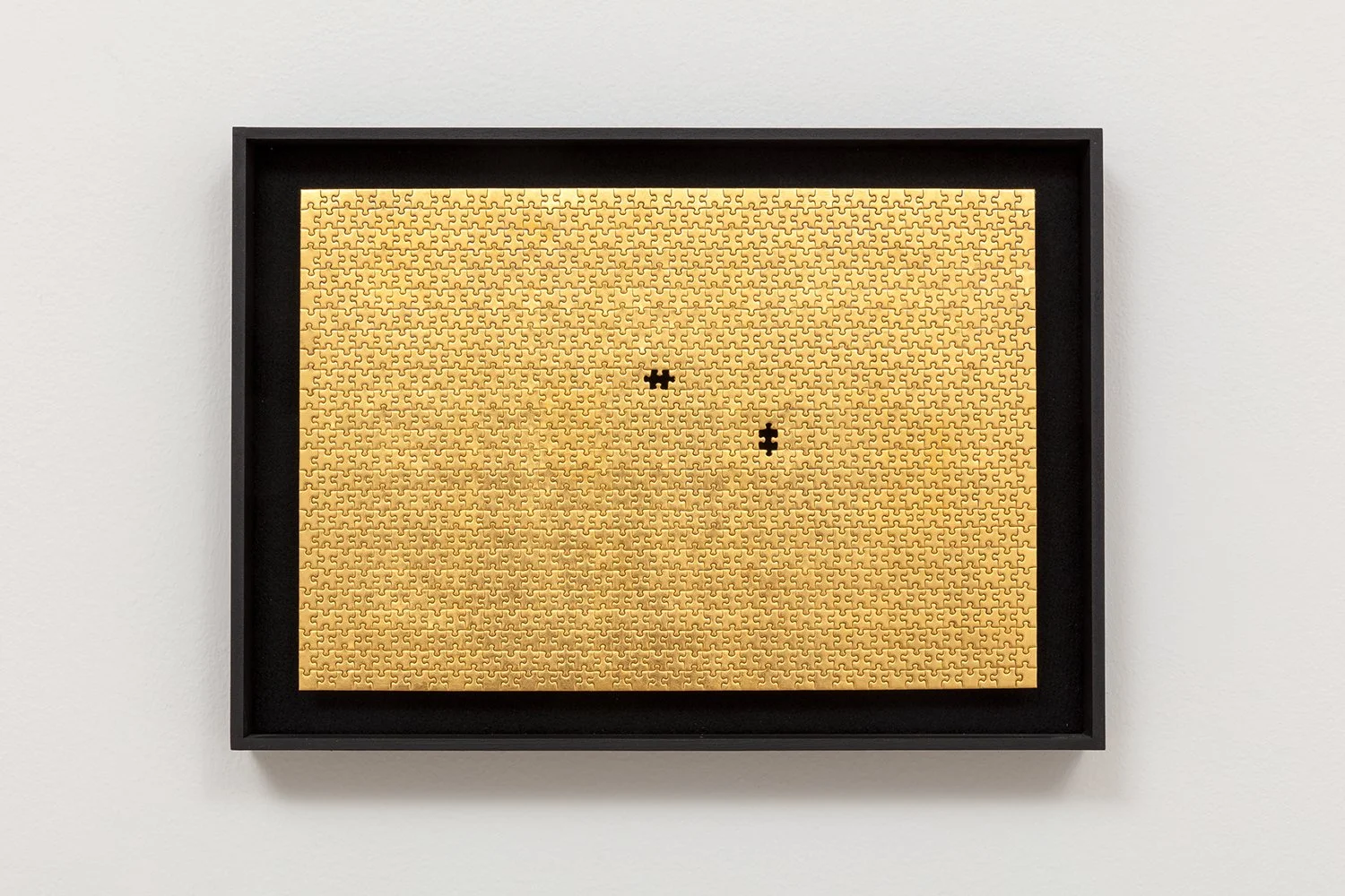  Missing no. 5 + gold leaf on found jigsaw puzzle in artist frame + 12.5 × 17.5” + 2020 