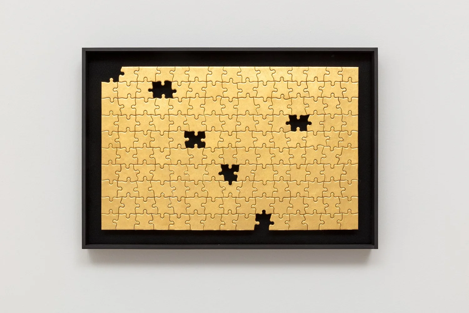  Missing no. 6 + gold leaf on found jigsaw puzzle in artist frame + 13.4 × 19.6” + 2020 