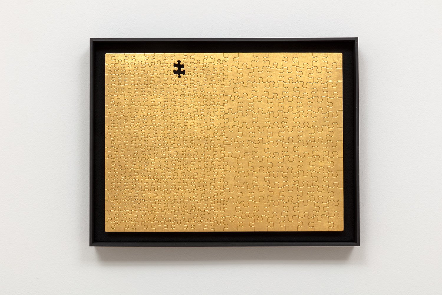  Missing no. 7 + gold leaf on found jigsaw puzzle in artist frame + 17.4 × 22.5” + 2020 