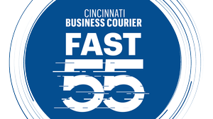 Logo of Cincinnati Business Courier celebrating their 55th anniversary, with a blue background and white text.