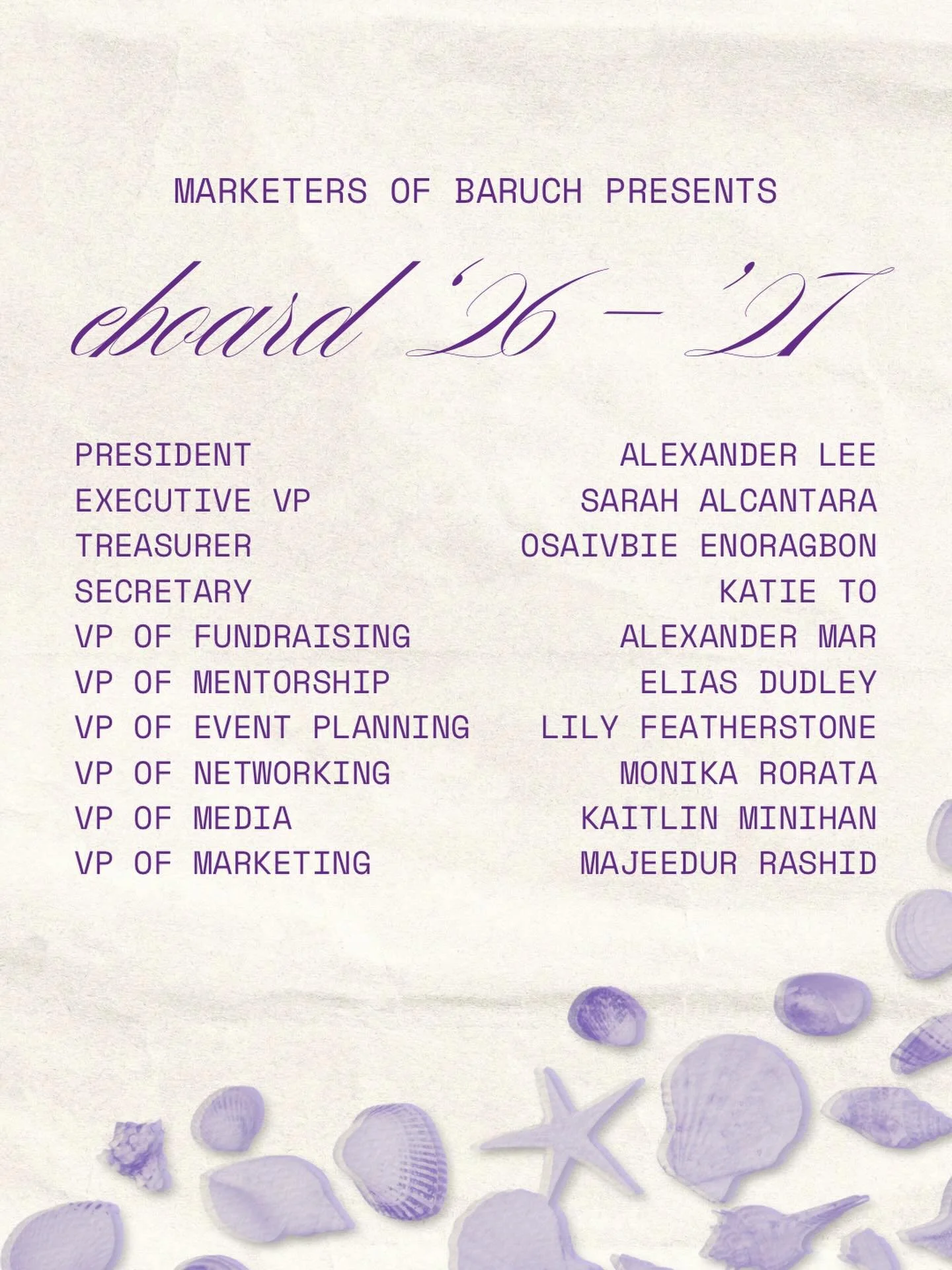 🎊Introducing the 2026-2027 MOB E-Board!🎊

We&rsquo;re excited for another year of building and growing our community, hosting impactful events, and continuing the work that makes MOB what it is! 💫

Marketers of Baruch | Spring 26
Follow us on Inst