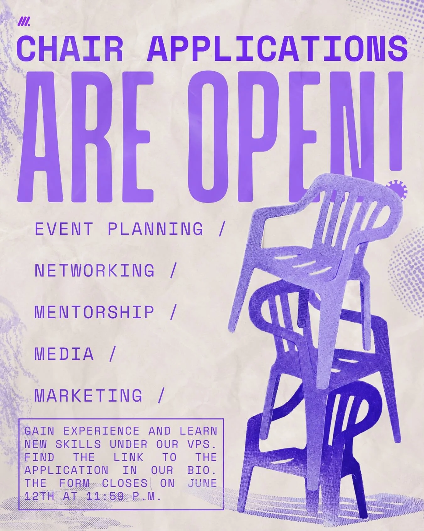 🚨CHAIR APPLICATIONS ARE OPEN!🚨

Being a chair is a great way to be involved internally as well learn how student organizations are run and gain some new skills! Anyone can be a chair regardless of experience!
You will be able to provide your input 