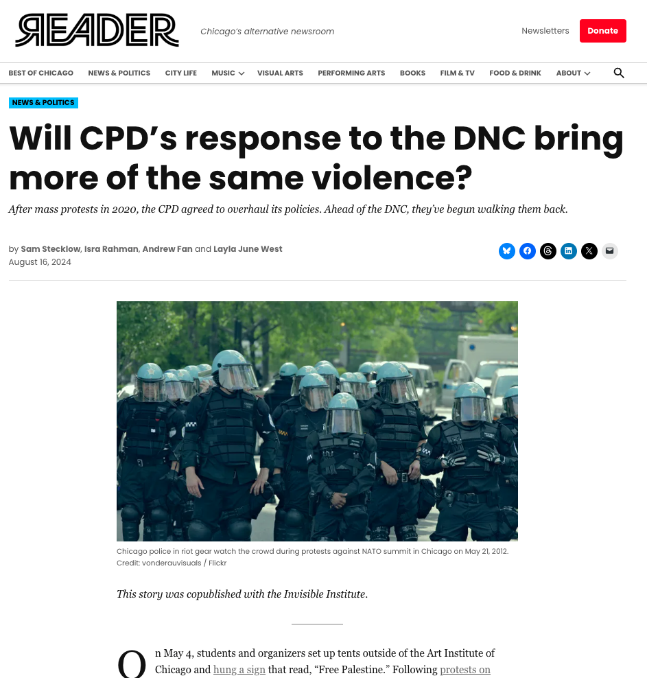 Screenshot of Chicago Reader Webpage showing article's title, caption, authors, header image, and first two lines of text.