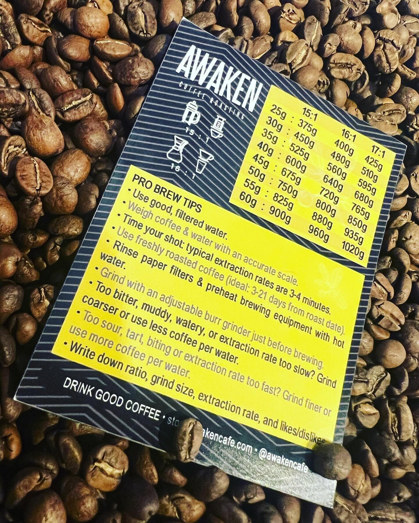 get a free brew ratio + pro brew tips magnet with purchase of a bag of coffee while supplies last. limit one per customer. order at store.awakencafe.com (link in bio)