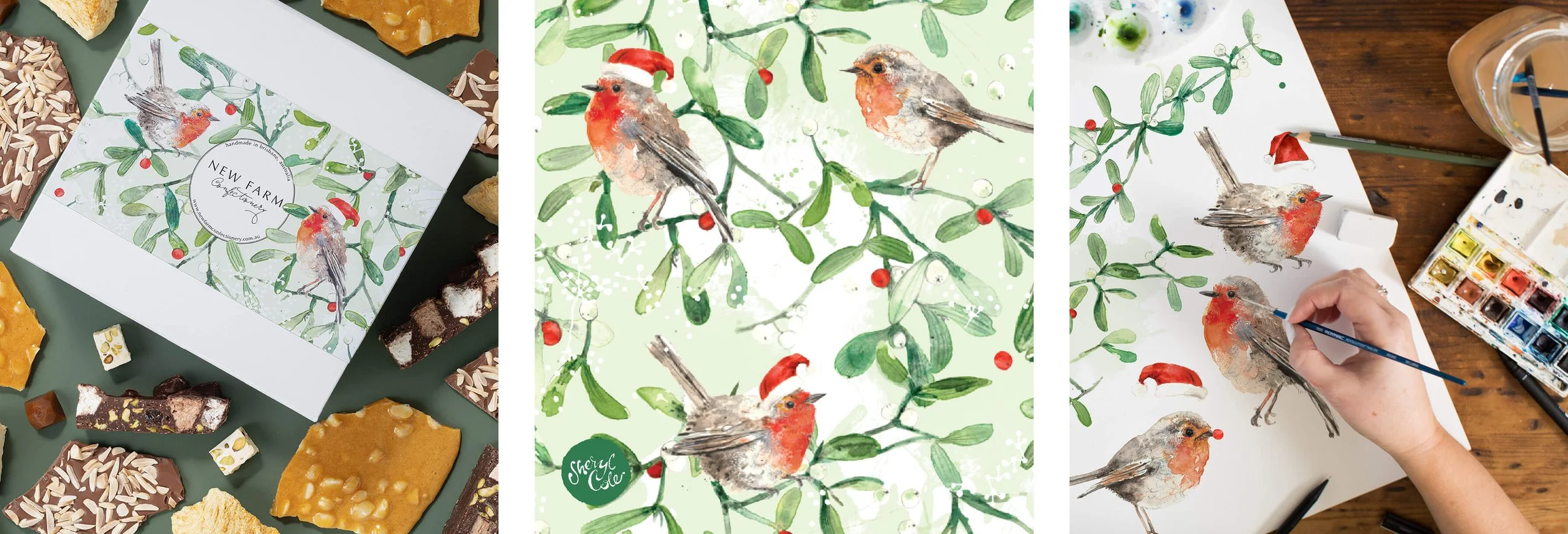 Hand-painted watercolour red robin and mistletoe packaging illustration created for New Farm Confectionery Christmas seasonal gift box campaign.