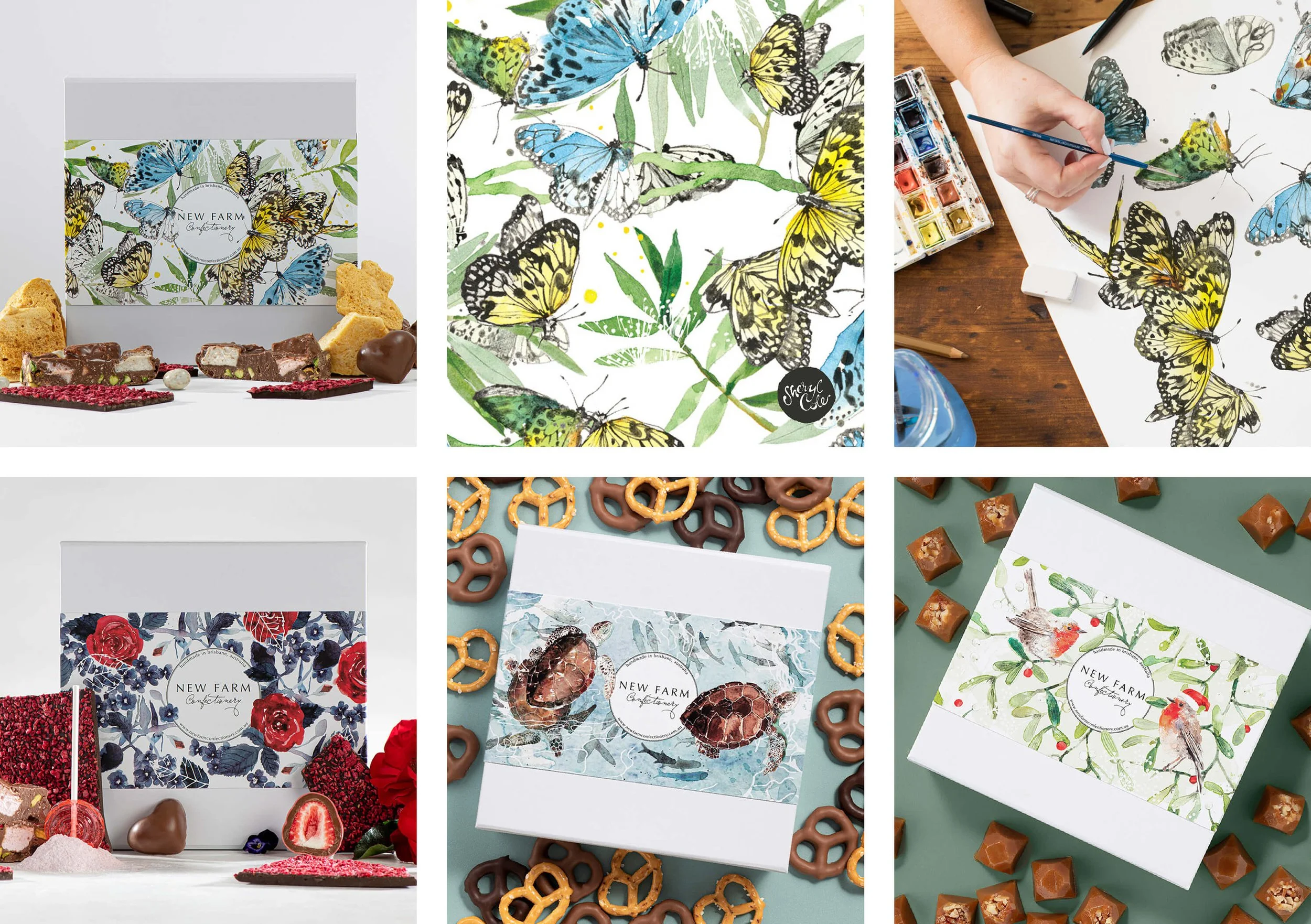 Seasonal packaging illustration series for New Farm Confectionery featuring hand-painted watercolour designs across multiple gift collections.