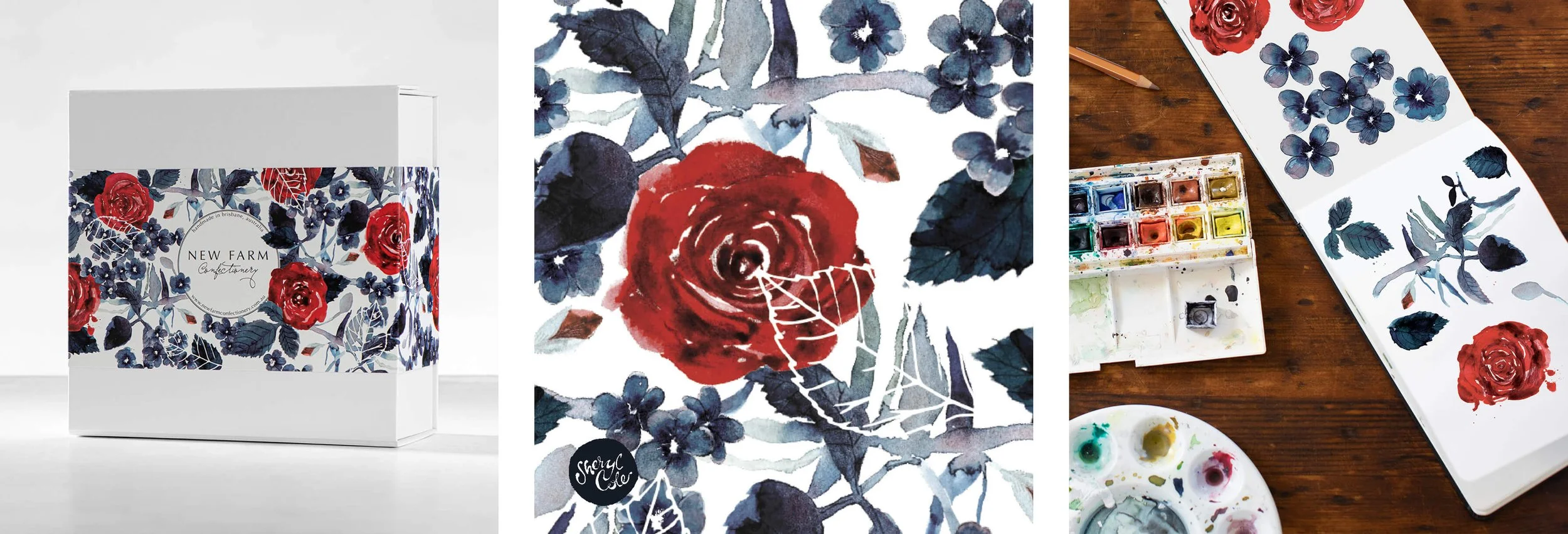 Hand-painted watercolour floral packaging illustration created for New Farm Confectionery Valentine's Day seasonal gift box campaign.