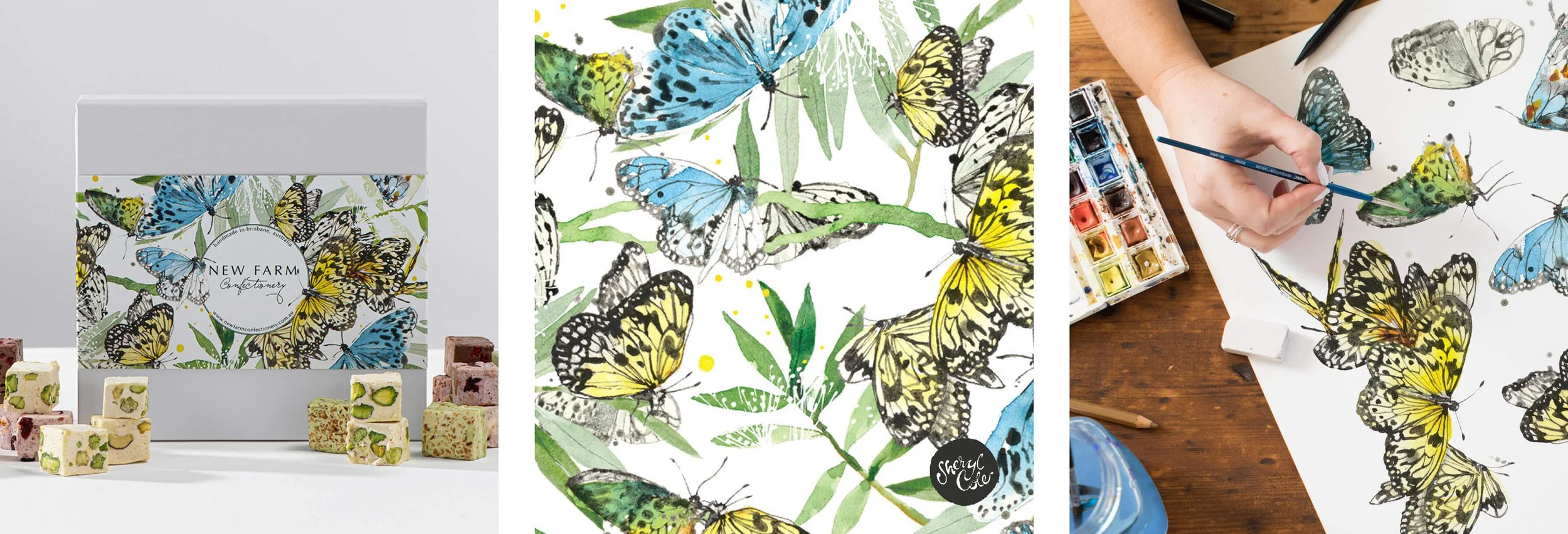 Hand-painted watercolour butterfly packaging illustration created for New Farm Confectionery Mother’s Day seasonal gift box campaign.