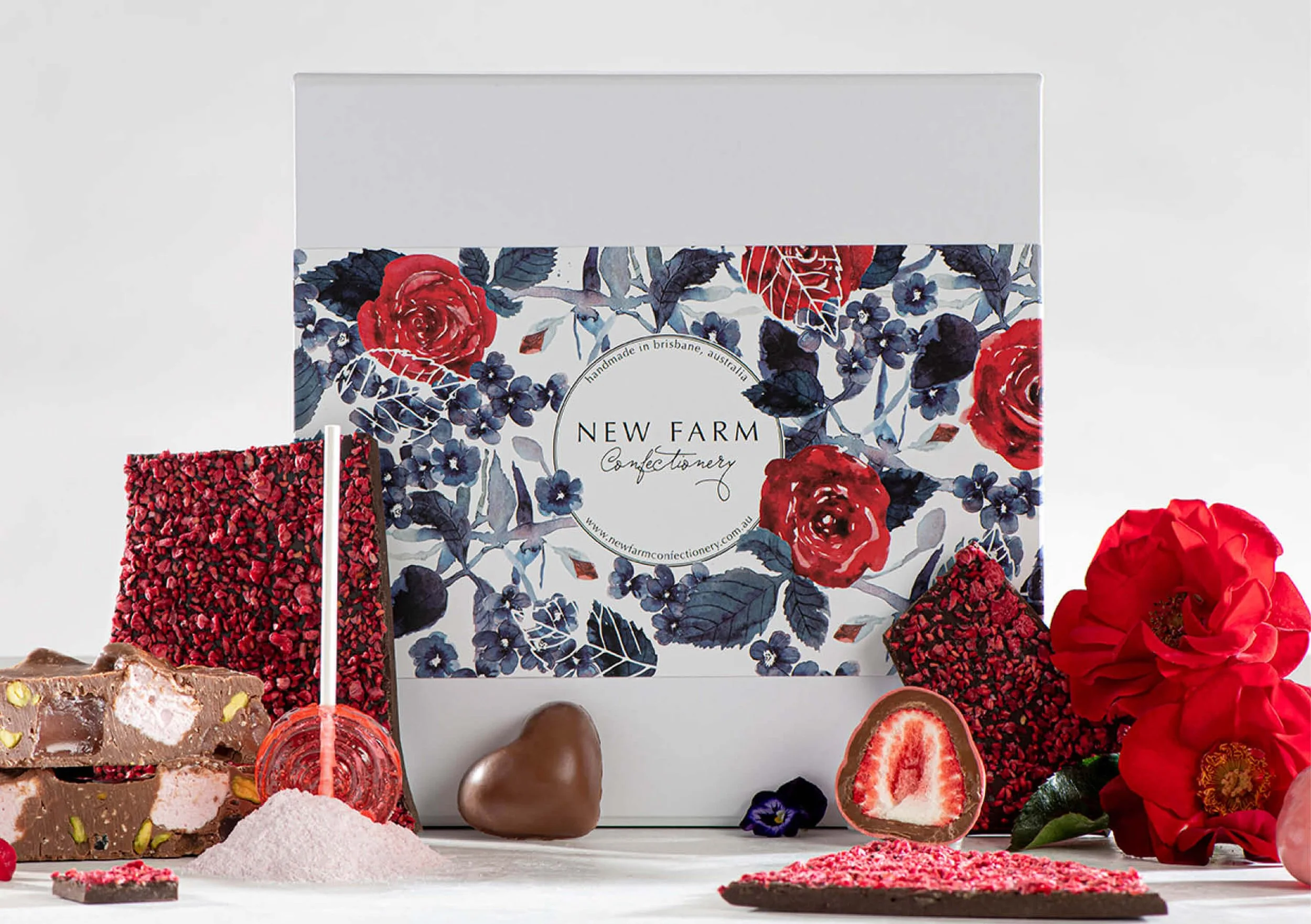 Hand-painted watercolour floral packaging illustration created for New Farm Confectionery Valentine's Day seasonal gift box campaign.