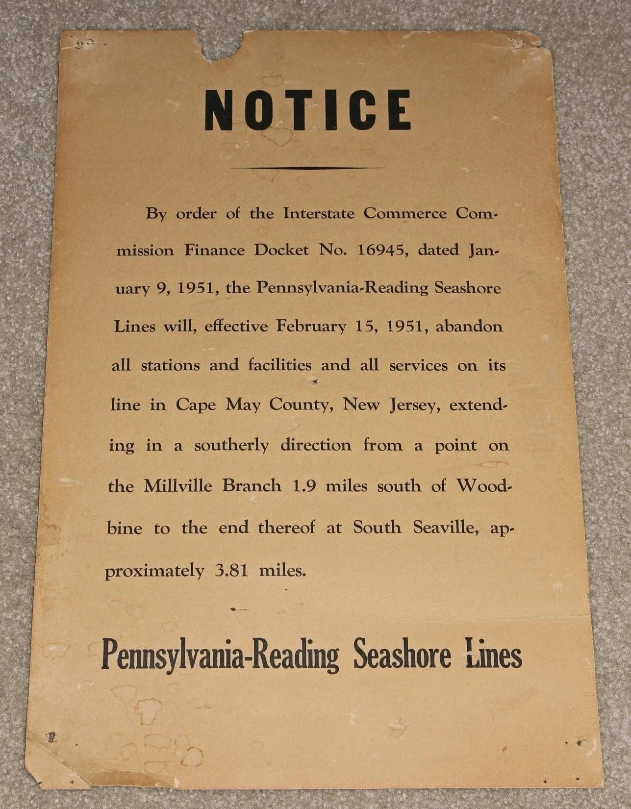This notice advises of abandonment of the line to Seaville.