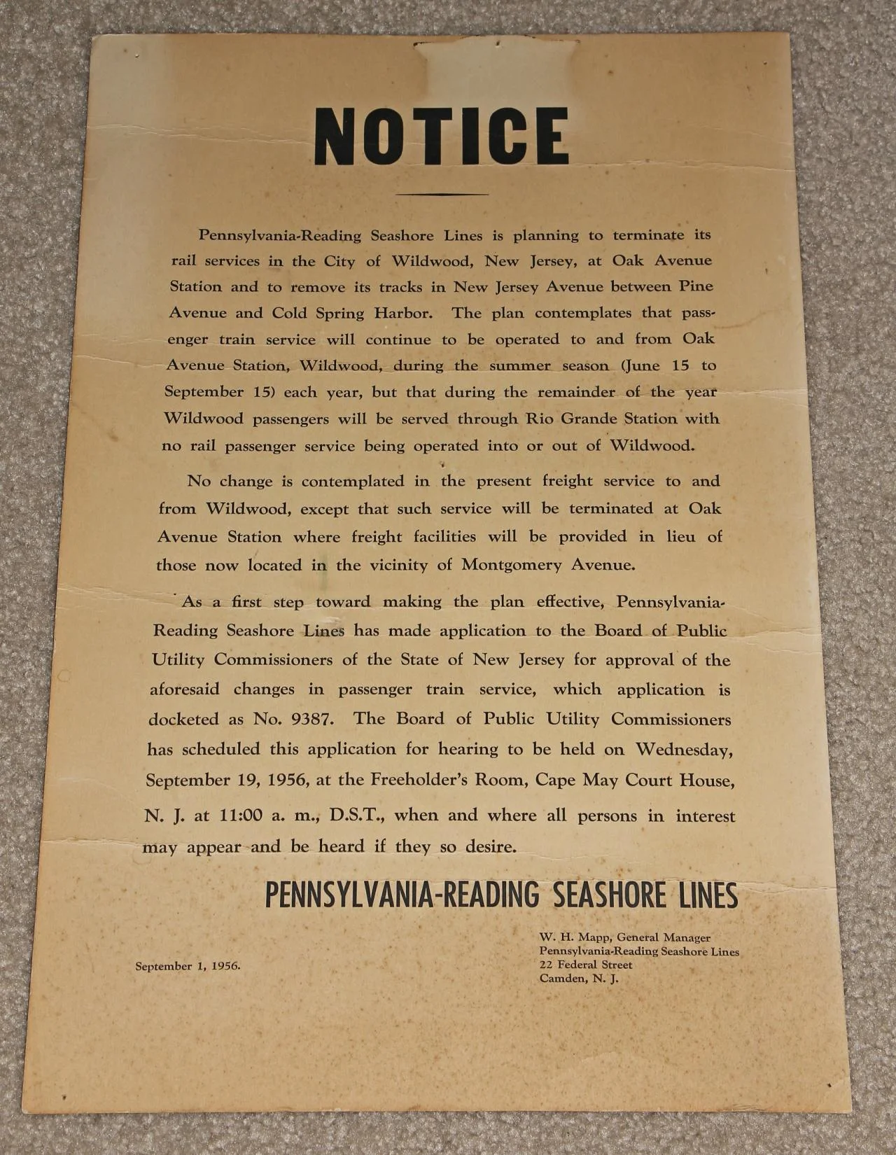 This notice states that tracks will be removed on New Jersey Avenue in Wildwood and that passenger and freight service will be conducted at the Oak Avenue Station.