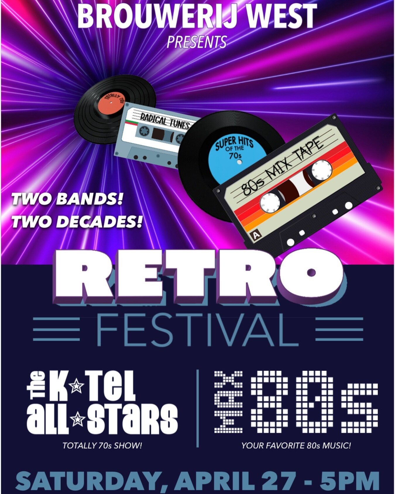 Two Bands! Two Decades! Retro Festival at Brouwerij West 🕺🎤🪩 
The @thektelallstars and @max80sband will hit the stage for one epic night! Get ready to hear all of your fav hits from the 70s &amp; 80s! If you were at the @max80sband show in our cou