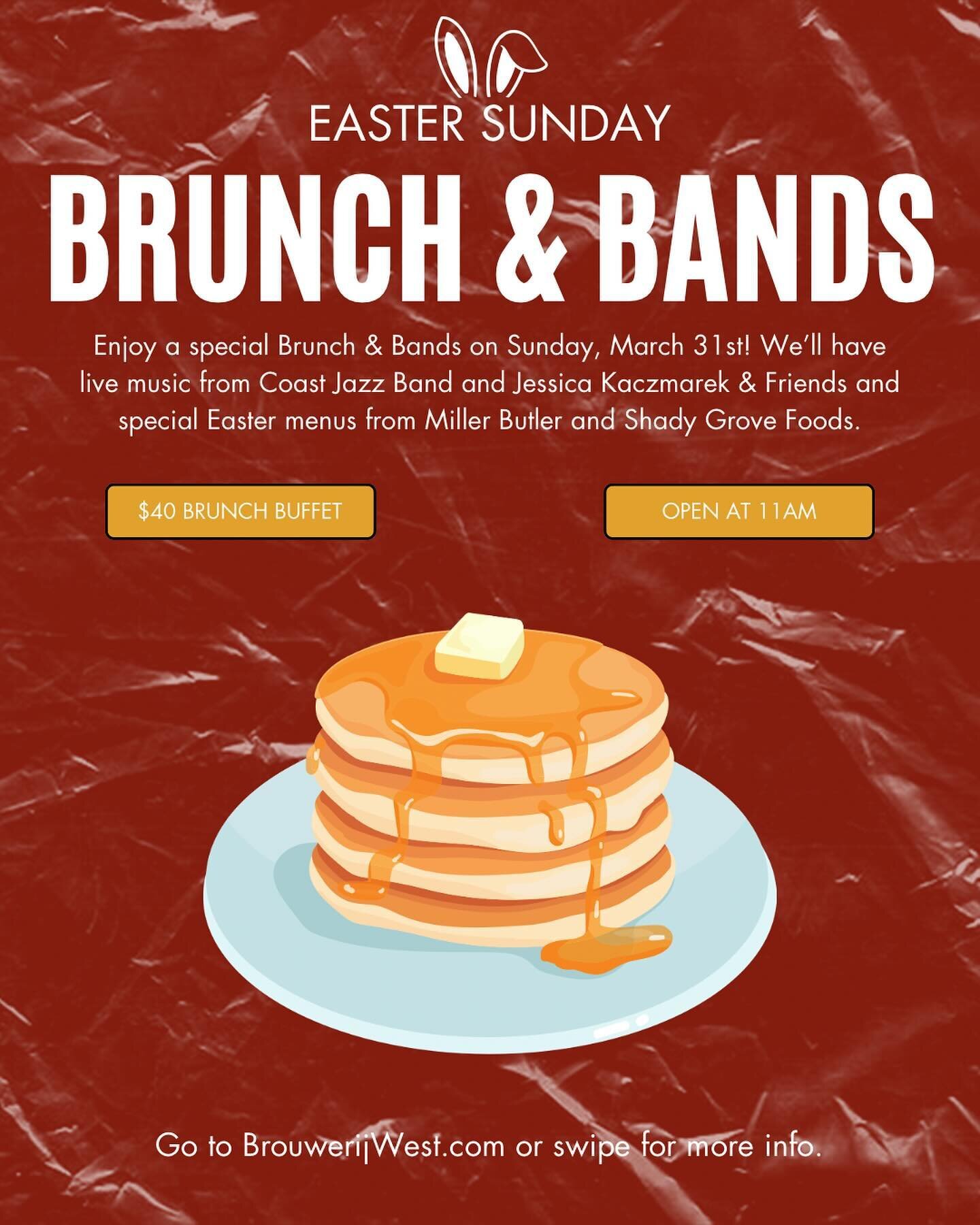 Join us for a special Brunch &amp; Bands on Easter Sunday (March 31st) 🐰 🥞 🎶 
Starting at 11AM, we&rsquo;ll have free, live music from @coast_jazz_band and @jessicakaczmarekmusic followed by a patio set with DJ @paul_e_wog__.
In addition, @millerb