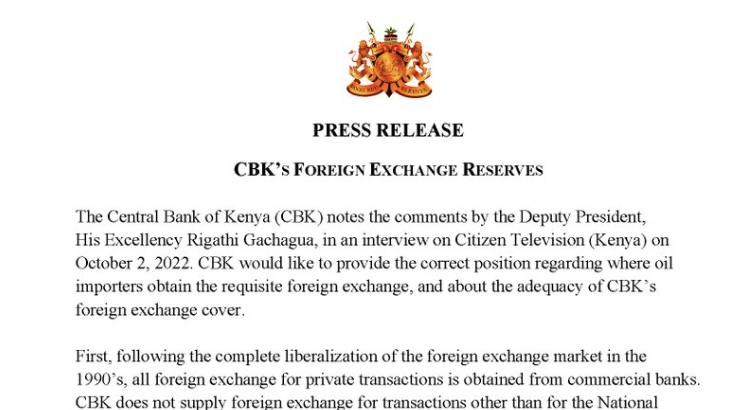 Kenya central bank corrects VP on 'forex shortage'