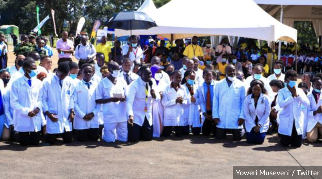 Kneeling doctors ask Museveni to seek seventh term