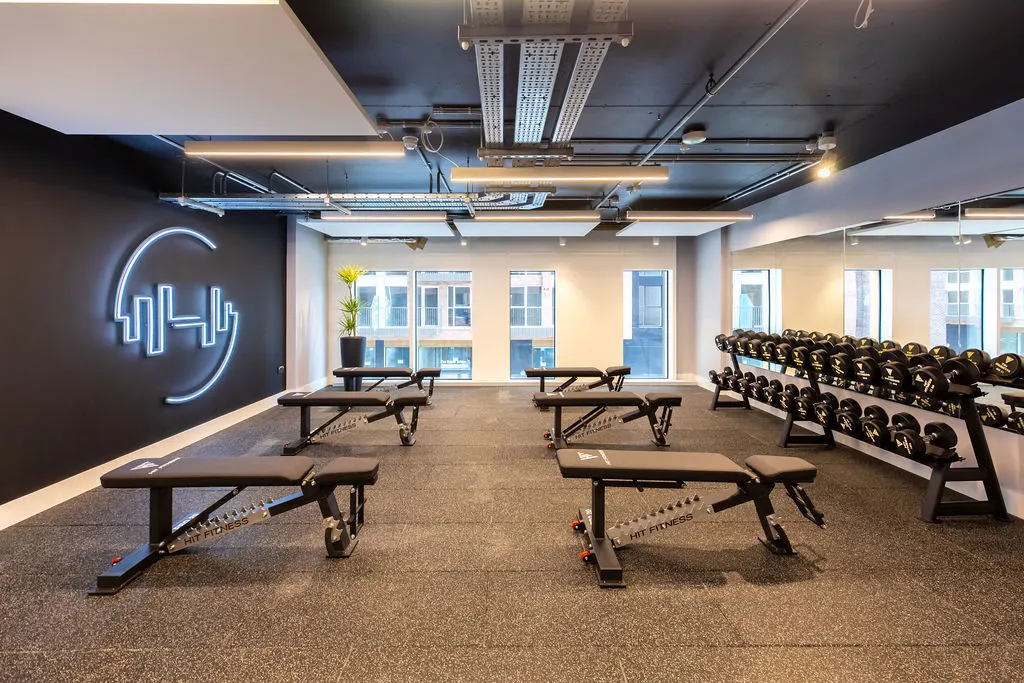 A modern gym with black walls, several workout benches, a rack of dumbbells, a neon logo on the wall, and large windows providing natural light.