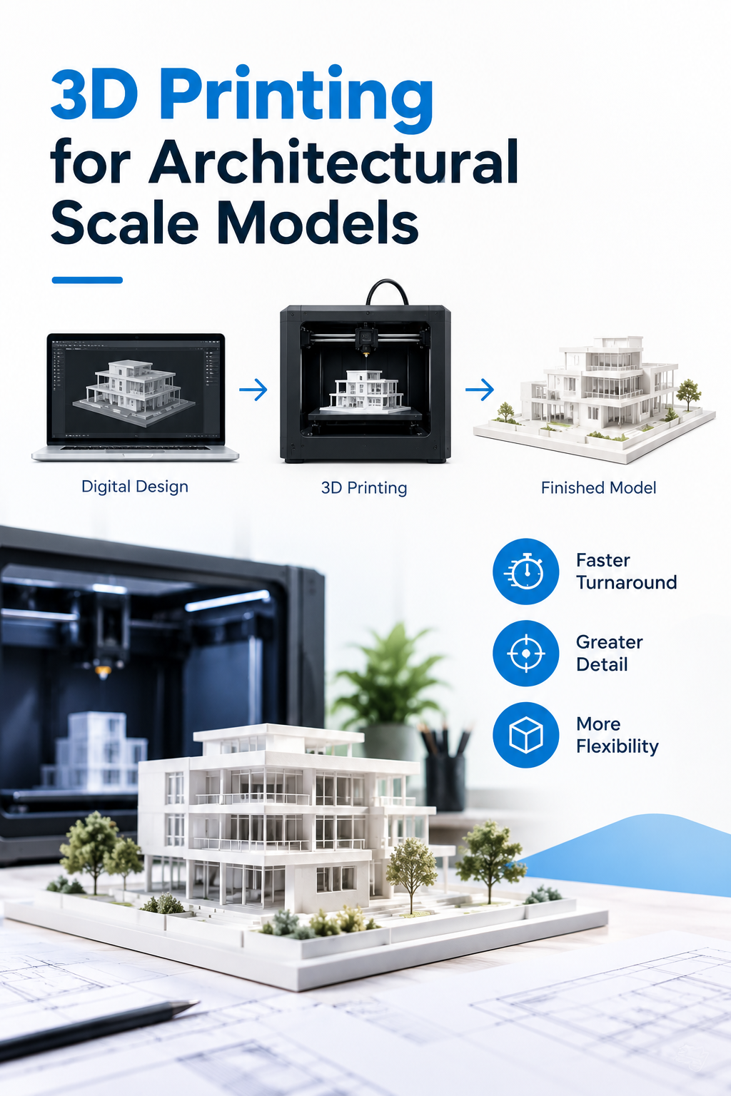nfographic showing 3D printing for architectural scale models, from digital design to finished building models, highlighting faster turnaround, greater detail, and flexibility.