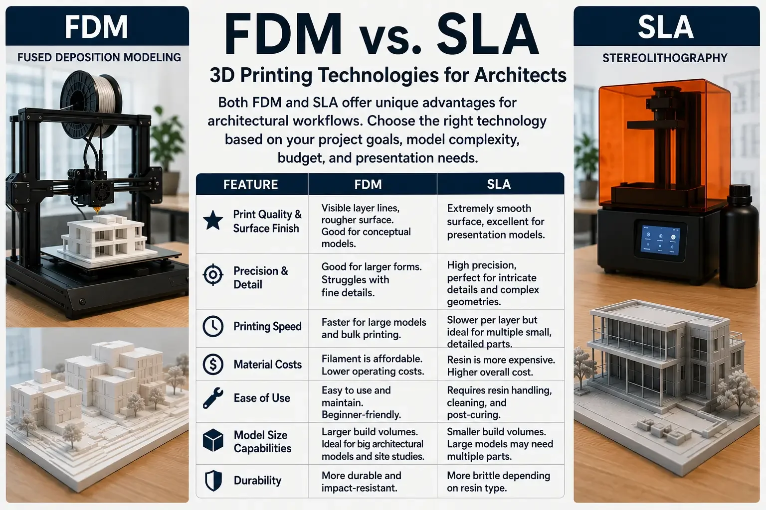 FDM vs SLA architectural 3D printing infographic comparing print quality, precision, speed, cost, durability, and model size capabilities.
